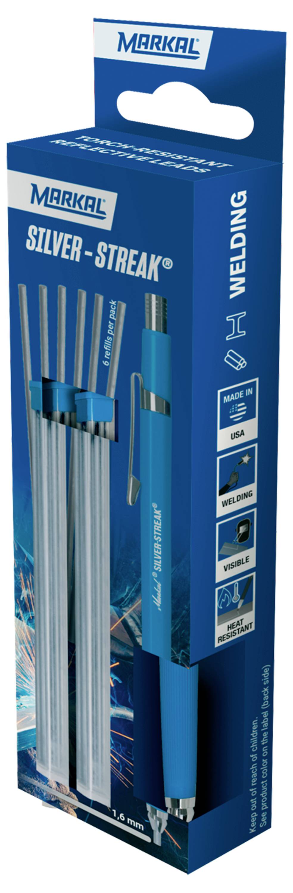 Box of Markal Silver-Streak welding pencils, shown with product images; ideal for marking on metal surfaces.