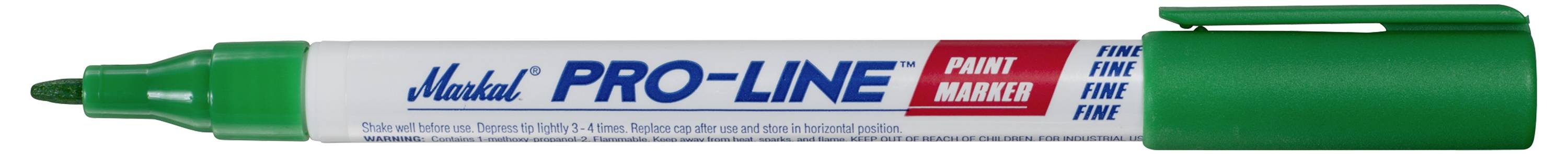 Green-capped 'PRO-LINE' paint marker, suitable for fine lines, shown horizontally with brand name on the barrel.
