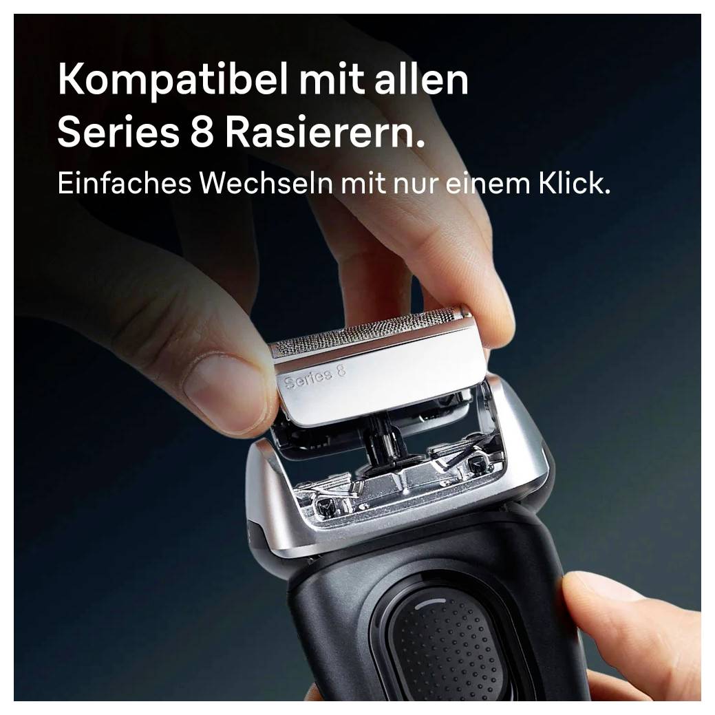 Un rasoir électrique dans une main, promu comme 'Compatible avec tous les rasoirs Series 8. Changement facile en un seul clic.'