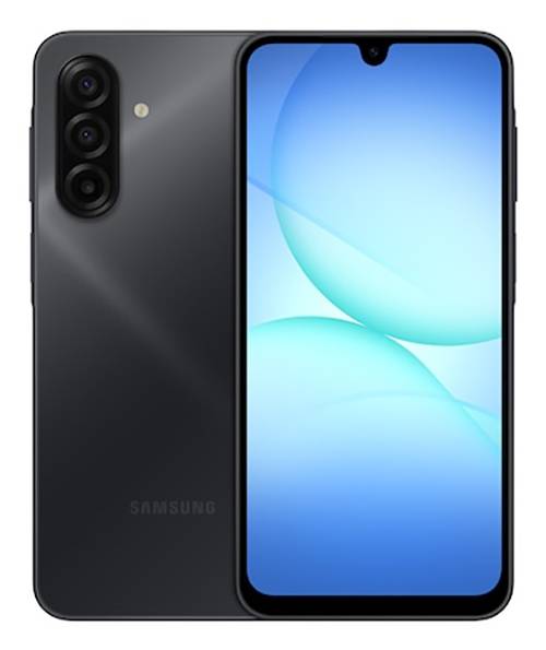 Un smartphone noir avec un grand écran affiche un fond d'écran abstrait bleu. Le téléphone présente trois caméras arrière et un flash.