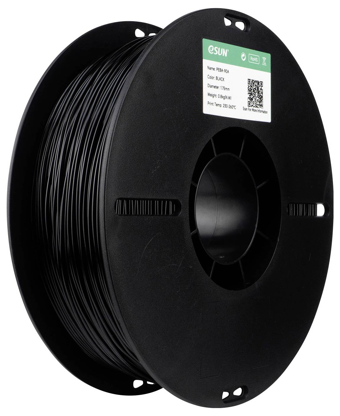 Une bobine noire de filament d'imprimante 3D étiquetée 'eSUN' en matériau PLA+. L'étiquette indique un diamètre de 1,75 mm, avec un poids de 1 kg.