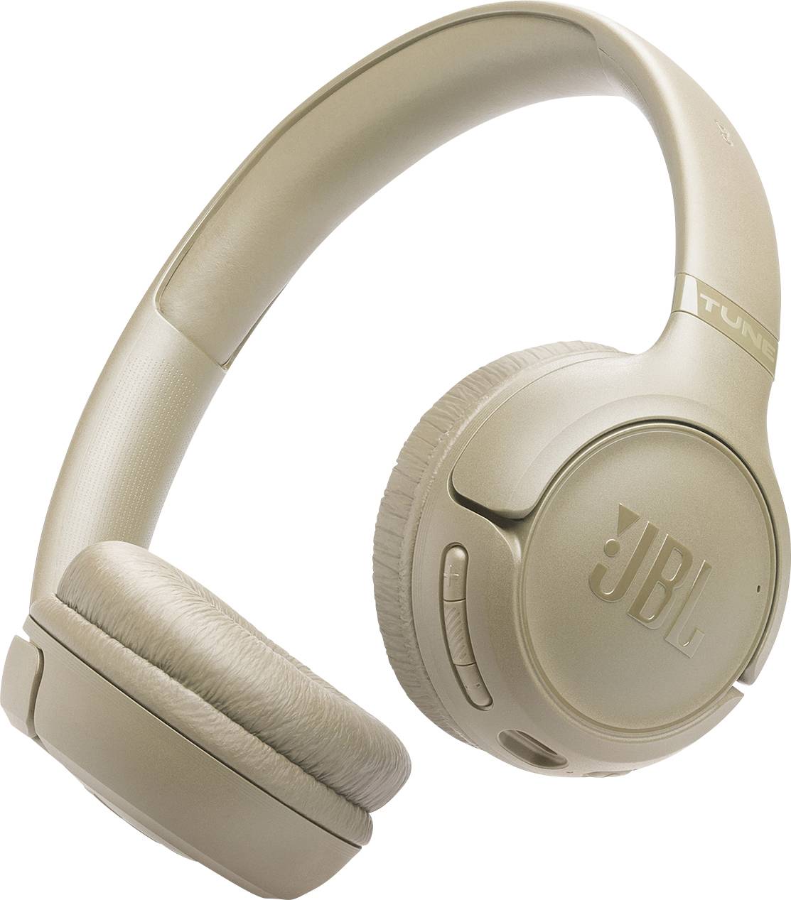 Casque audio JBL beige supra-auriculaire avec coussinets d'oreille rembourrés et commandes intégrées sur le côté, conçu pour l'audio sans fil.