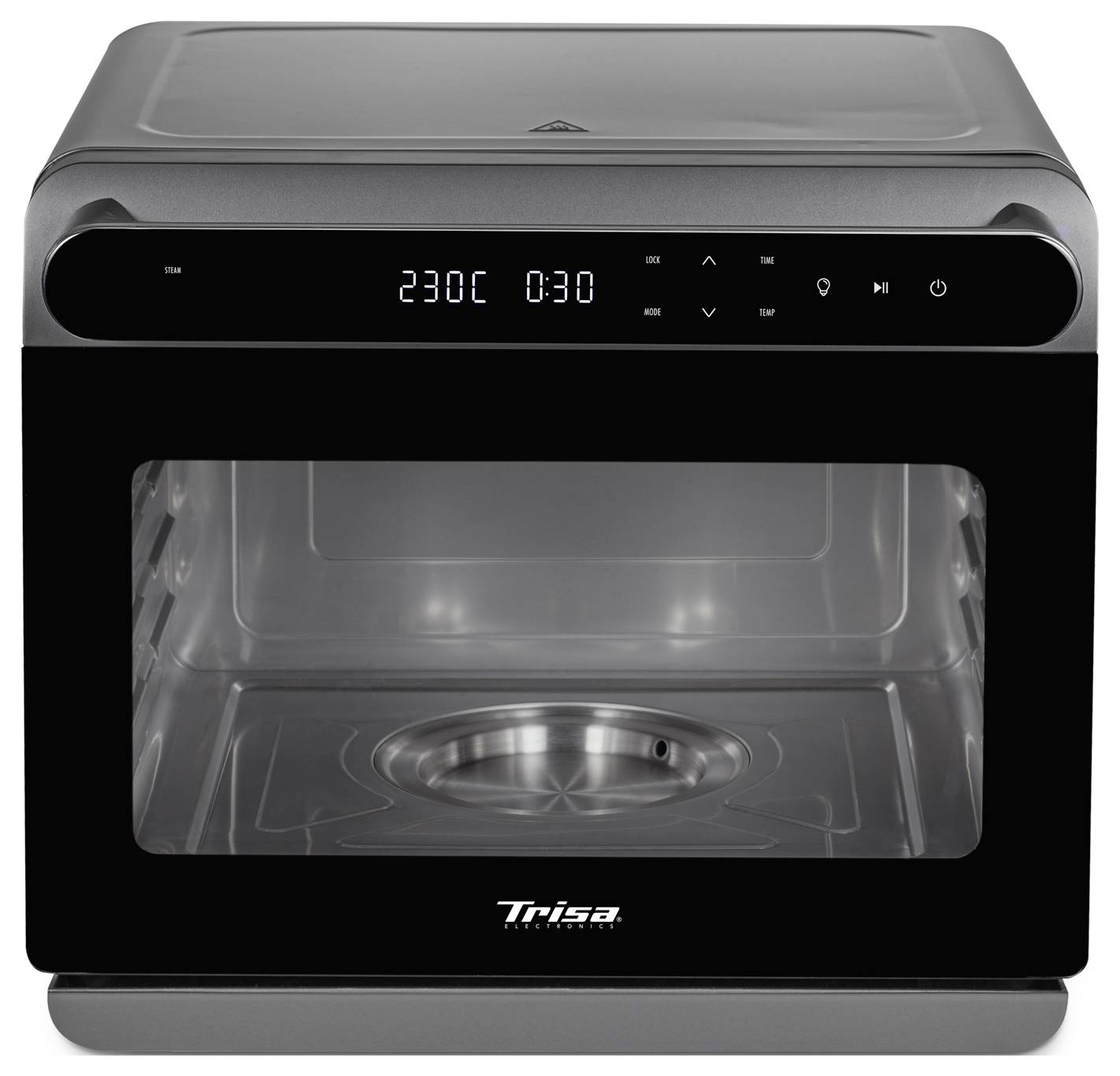 Un four moderne avec un affichage numérique indiquant '230°C' et un minuteur réglé sur '0:30'. La porte en verre laisse entrevoir l'intérieur. Le nom de marque Trisa est visible sur l'avant.