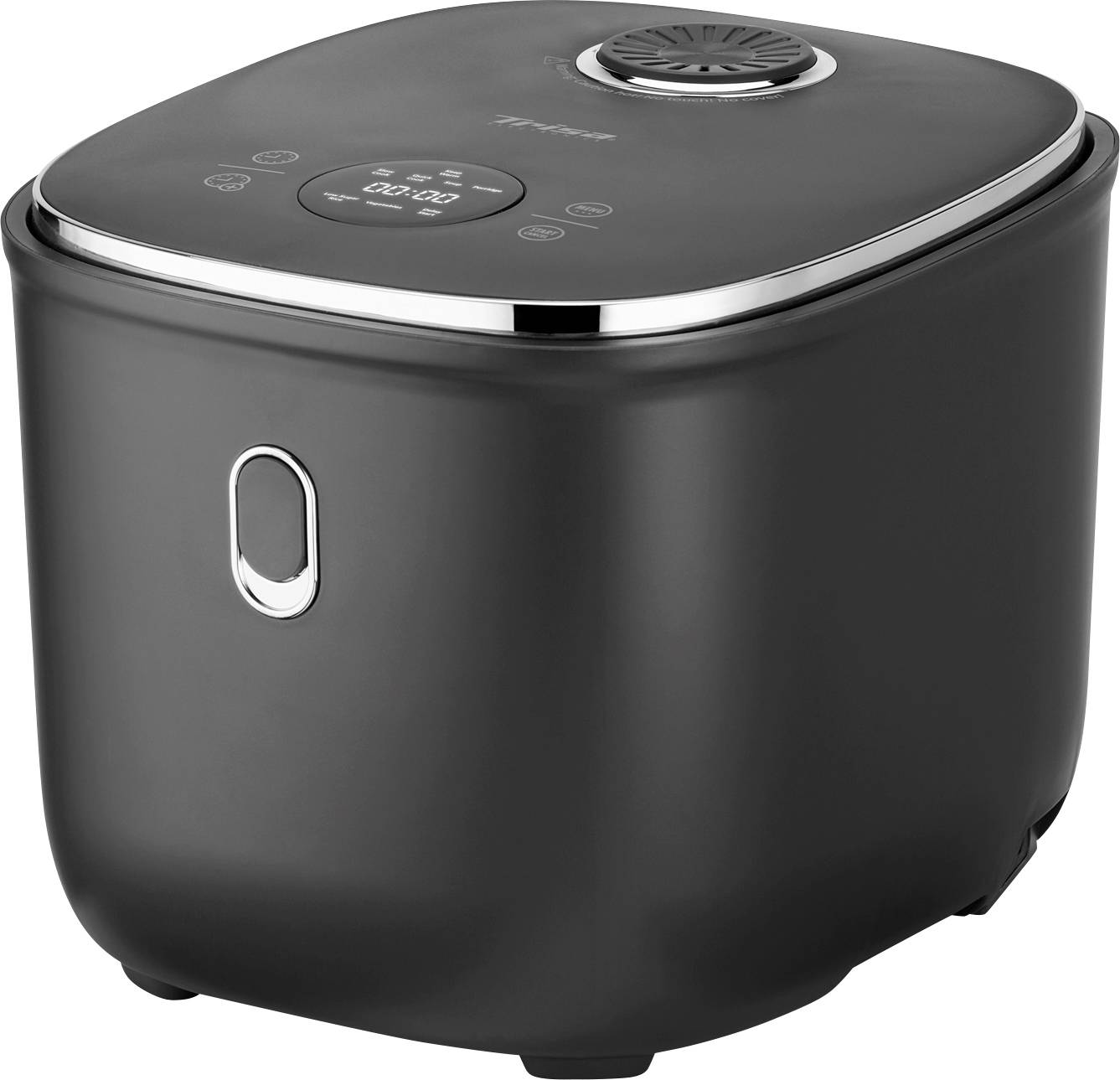 Un cuiseur à riz électrique noir avec un panneau de commande numérique et une poignée supérieure en argent.
