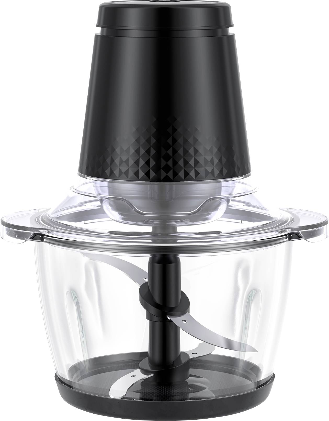 Un hachoir électrique noir et transparent avec des lames, utilisé pour hacher des ingrédients dans la cuisine.