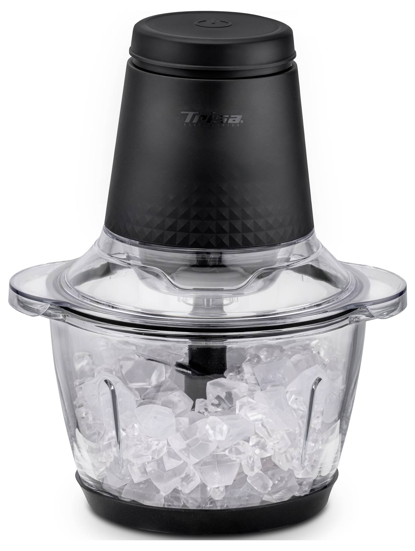 Un broyeur à glace électrique noir et transparent, avec de la glace pilée à l'intérieur du récipient. L'appareil présente un design simple et moderne.