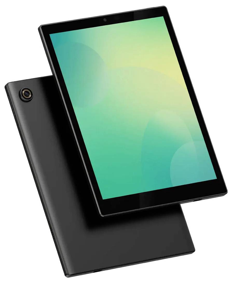 Une tablette noire avec un grand écran affichant un dégradé vert, présentée de face et de dos. La caméra est visible dans le coin supérieur gauche du verso.