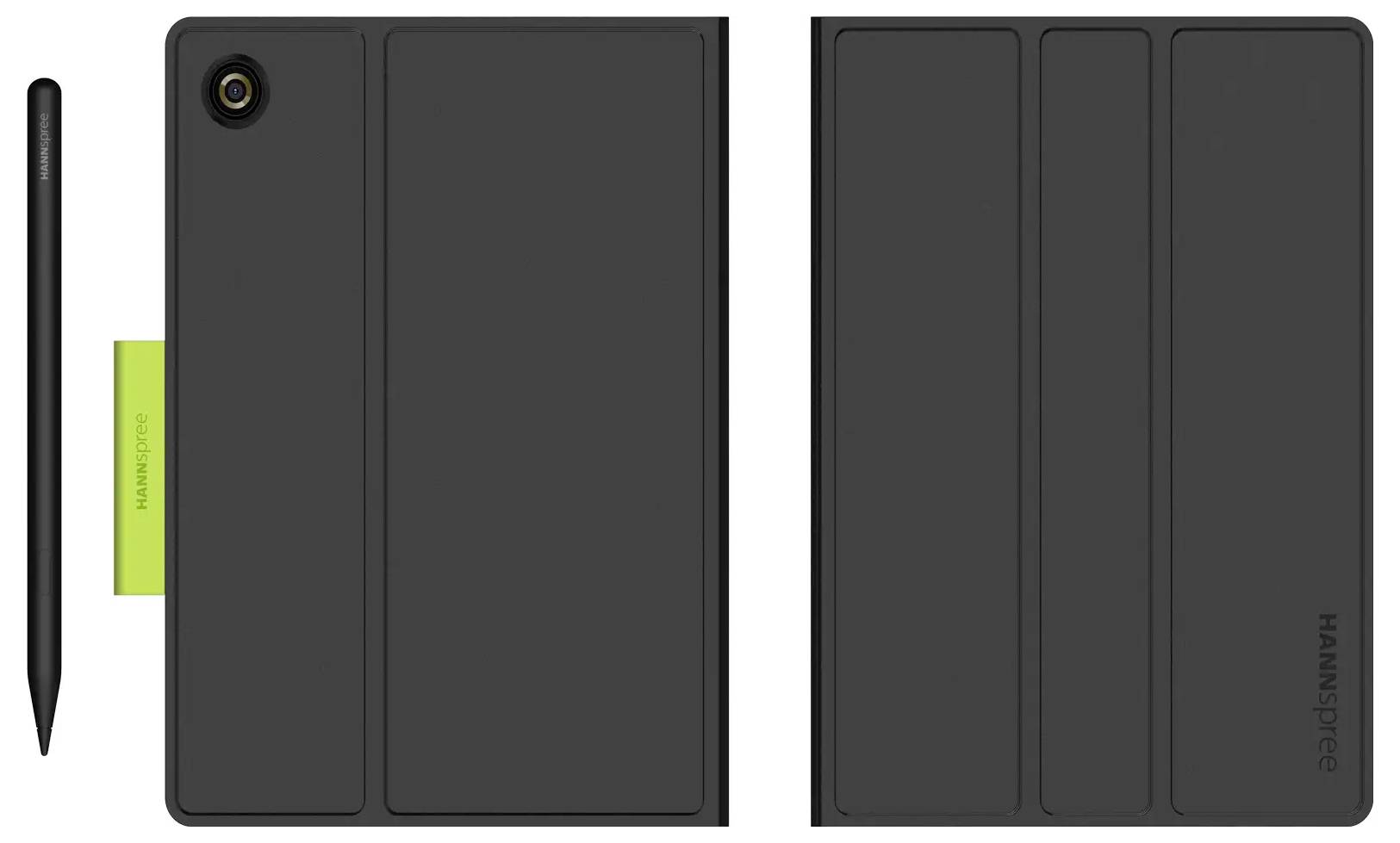 Un étui de tablette noir avec un découpage pour l'appareil photo et une housse pliante, présenté aux côtés d'un stylet.