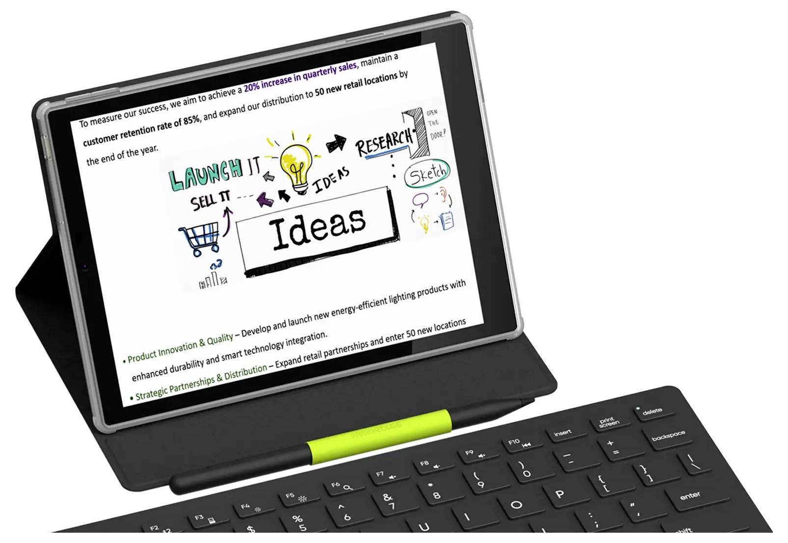 Une tablette posée sur un clavier affiche une diapositive de présentation. Elle porte le mot « Idées » avec des esquisses et des notes sur le lancement et la recherche de nouveaux concepts.