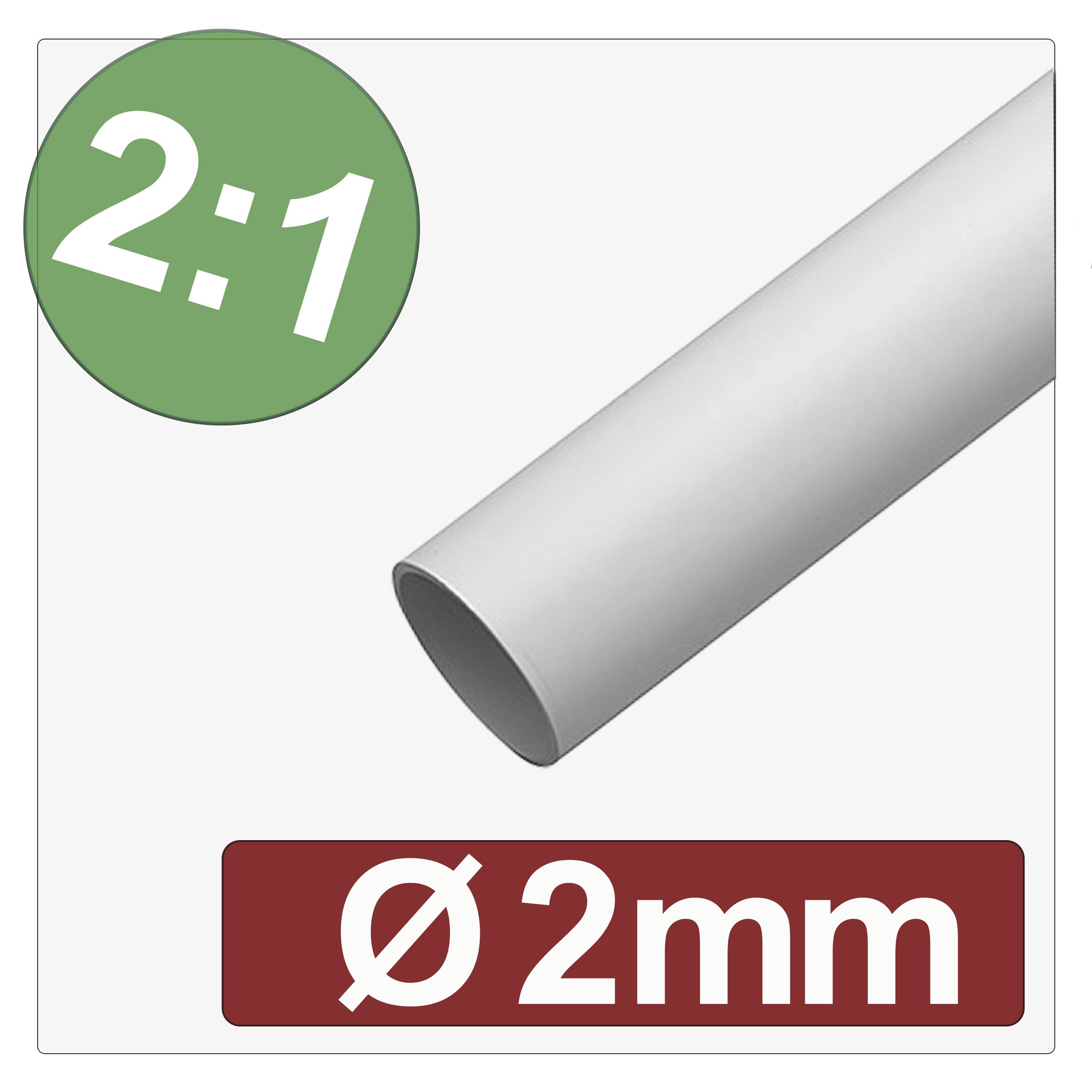 «2:1» dans un cercle vert, tube cylindrique blanc, «Ø 2mm» sur un fond rouge. La structure représente probablement une échelle ou des dimensions.
