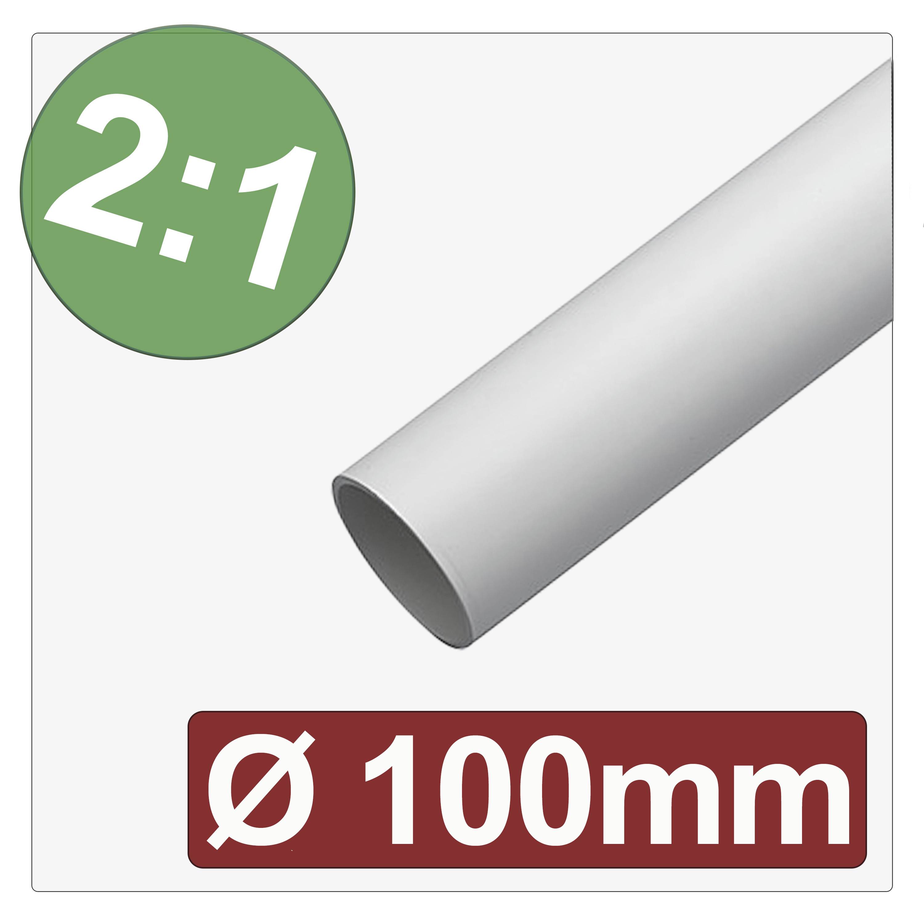 Un tube blanc étiqueté « Ø 100 mm » est représenté avec un cercle vert affichant un rapport « 2:1 », indiquant des informations sur les dimensions ou l'échelle.