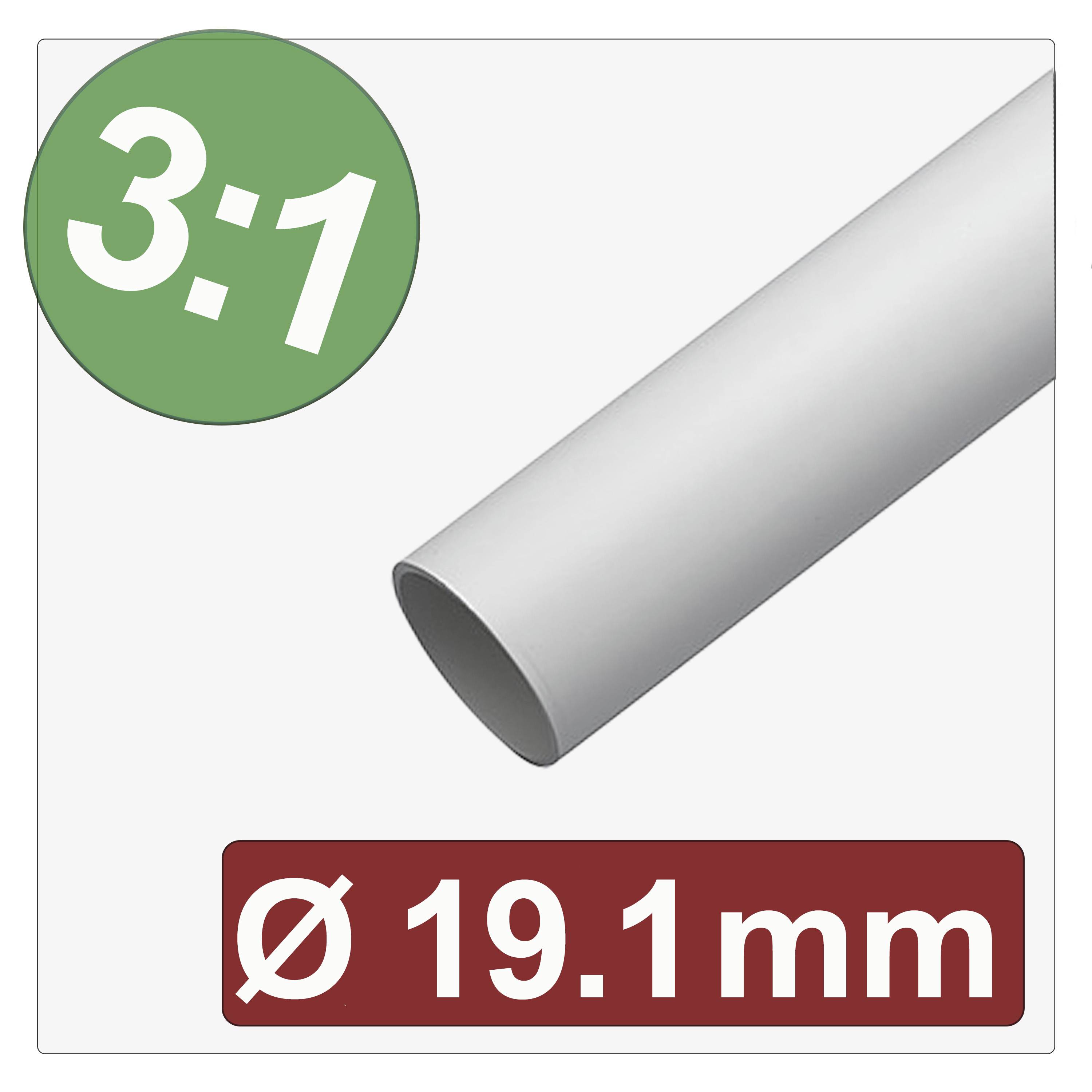 Tube blanc étiqueté « Ø 19,1 mm », cercle vert avec un rapport « 3:1 ». L'image illustre probablement les dimensions du tube et le ratio de rétraction thermique.
