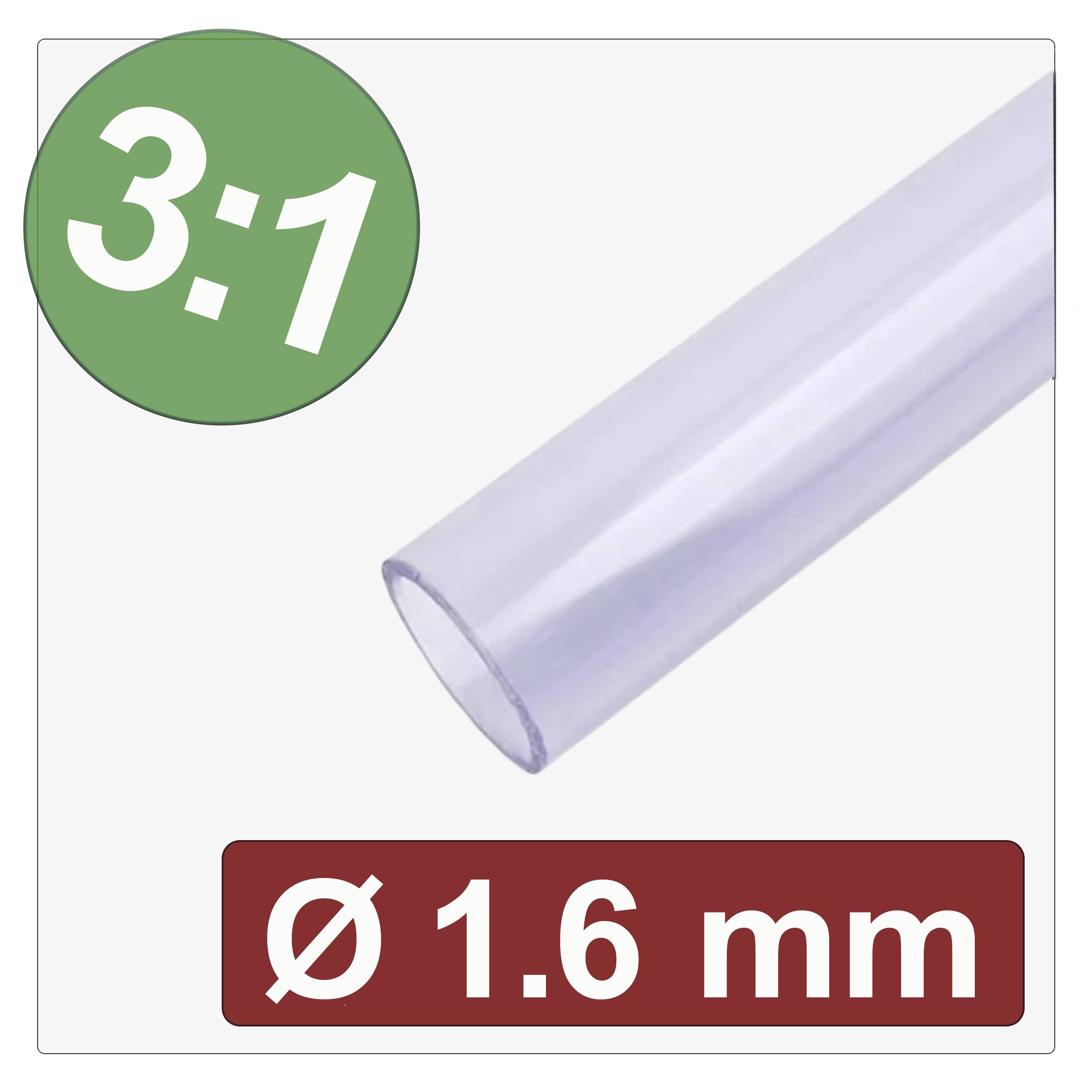 Gaine thermorétractable transparente, diamètre de 1,6 mm, avec un ratio de rétraction de 3:1.