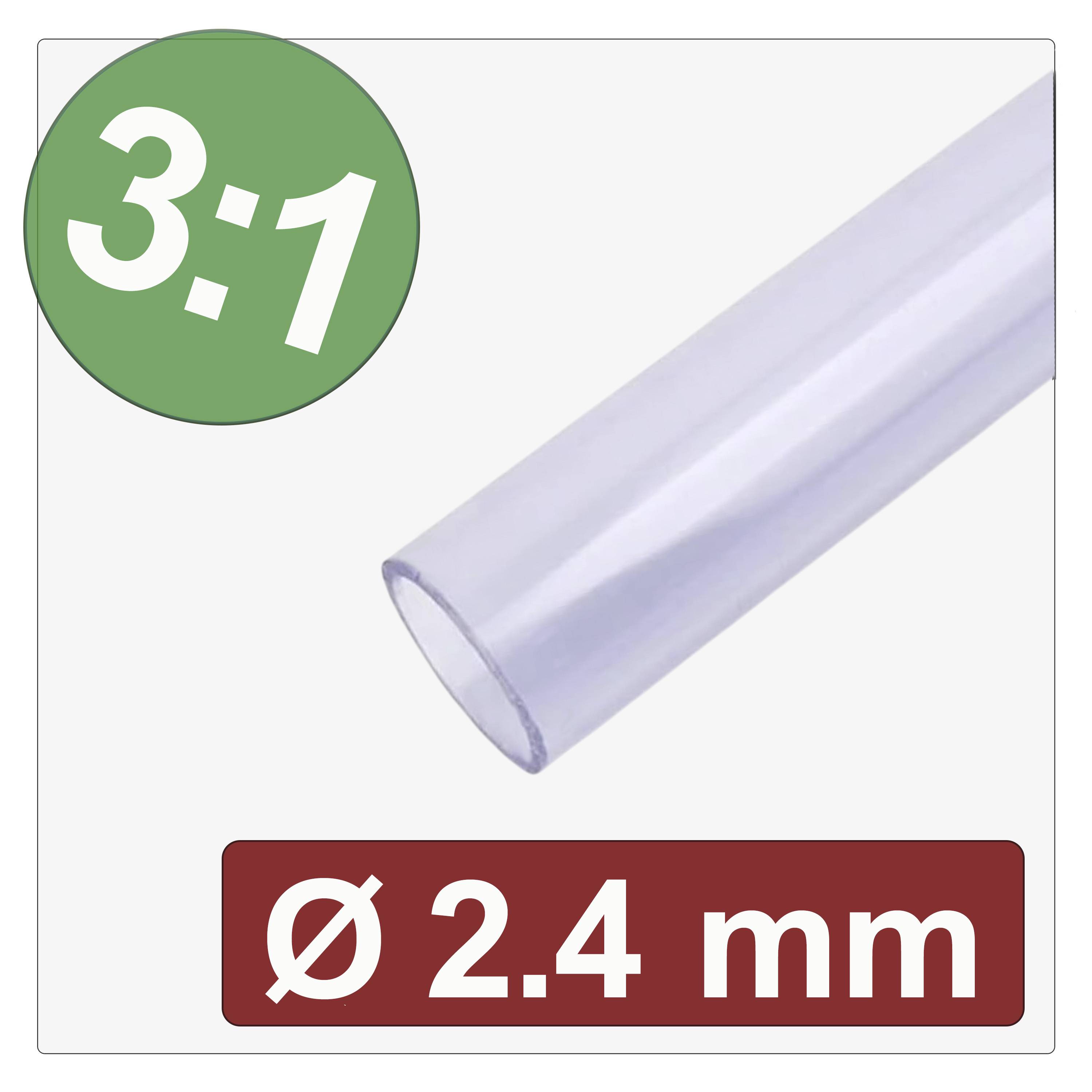 Gaine thermoretractable transparente avec un rapport de retrait de 3:1 dans un cercle vert et le texte 'Ø 2,4 mm' sur fond rouge.