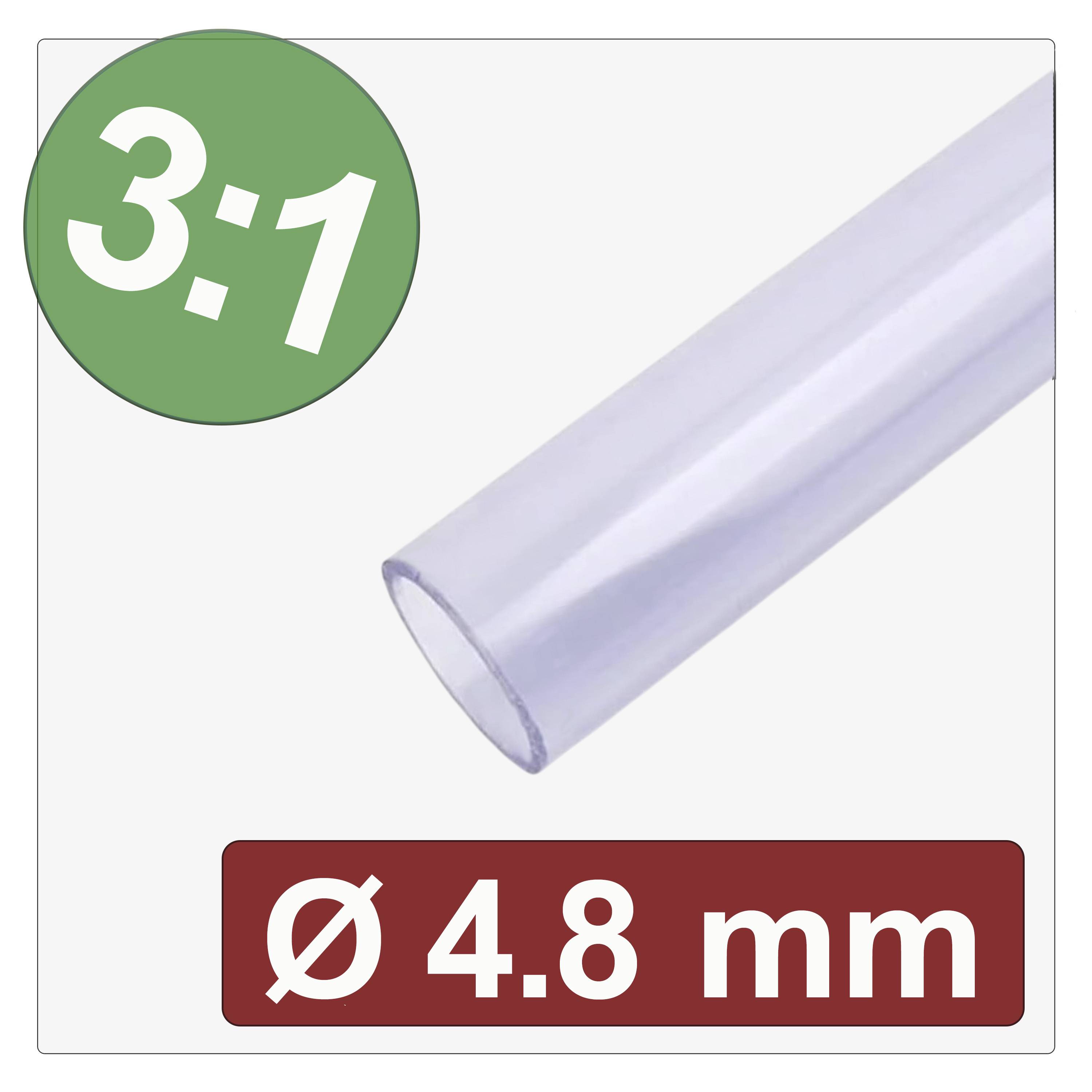 Gaine thermorétractable transparente avec un rapport de rétrécissement de 3:1 et un diamètre étiqueté de 4,8 mm, adaptée à l'isolation des câbles ou des fils.