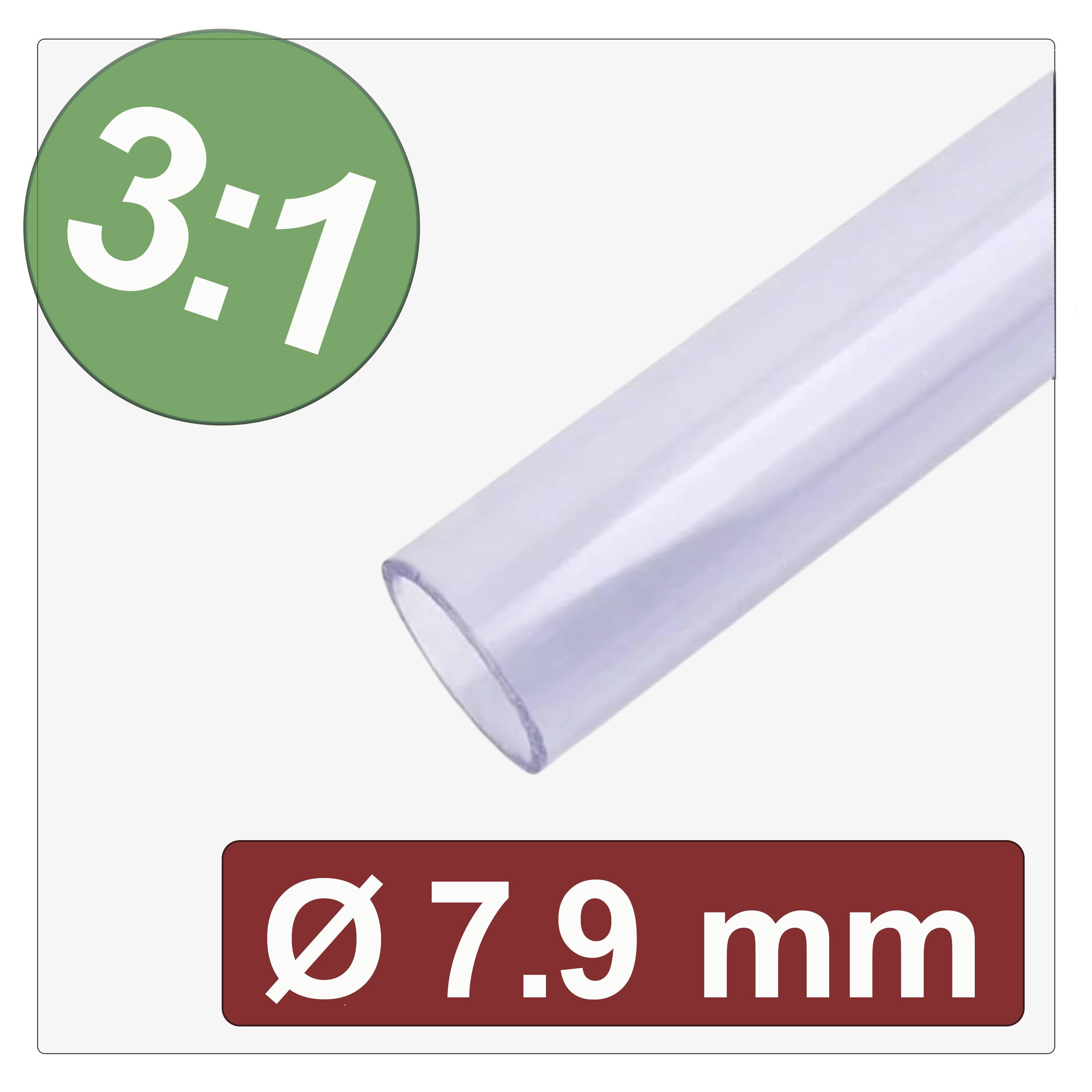 Gaine thermoretractable transparente avec rapport de rétreint '3:1' dans un cercle vert et 'Ø 7,9 mm' dans un rectangle rouge.