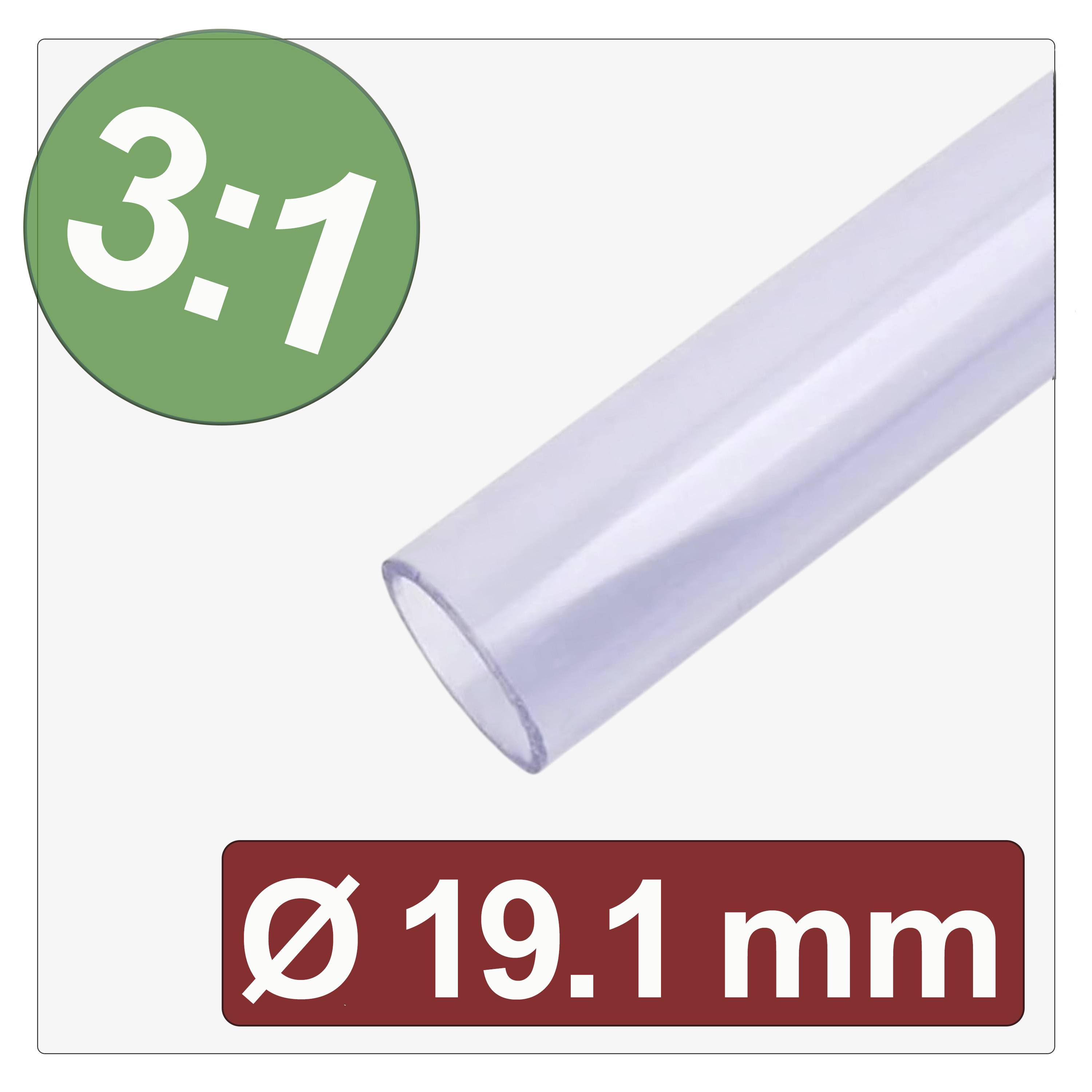 Un tube transparent étiqueté « 3:1 » dans un cercle vert, « Ø 19,1 mm » dans un rectangle rouge, indiquant le taux de rétraction et le diamètre.