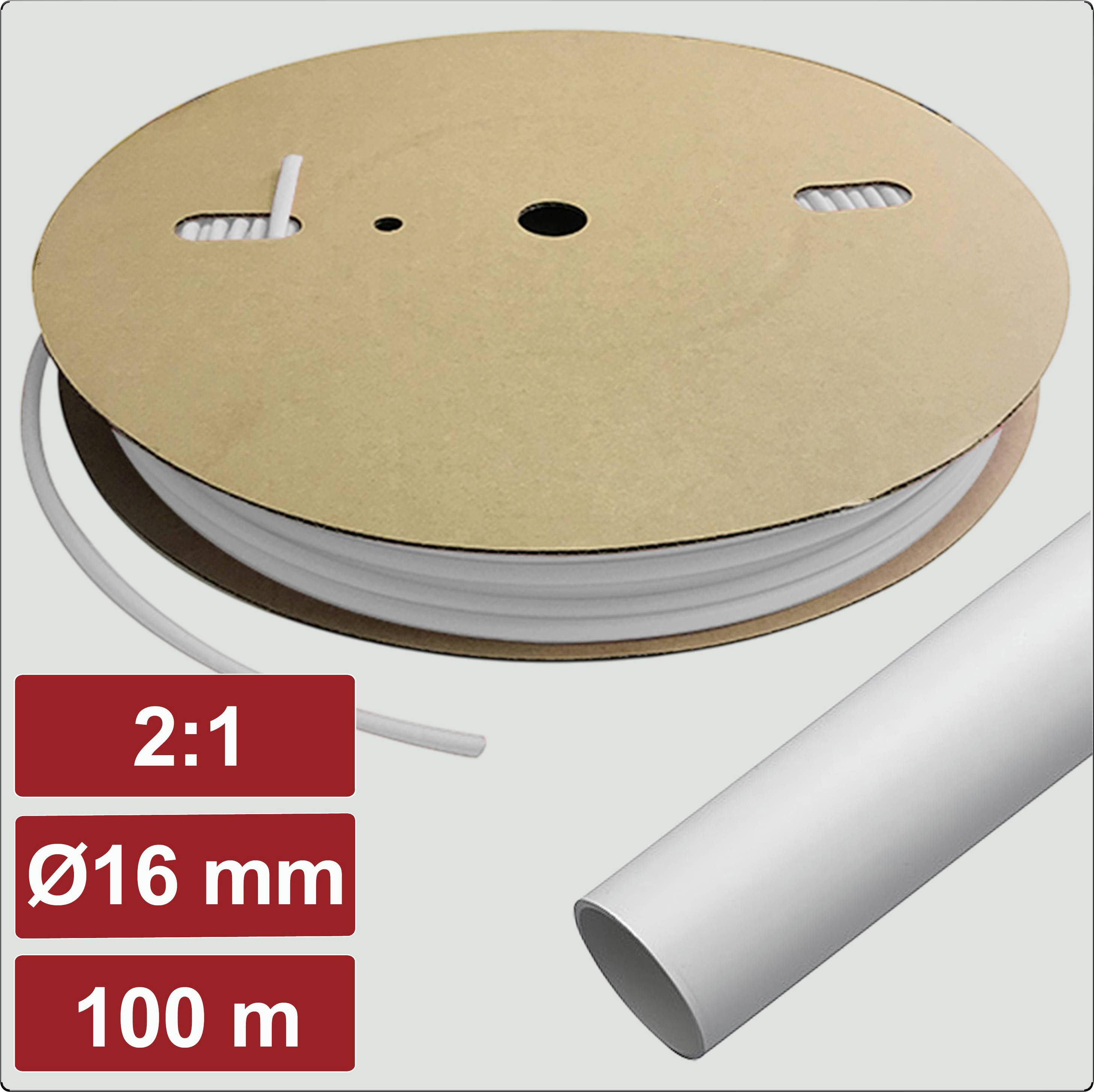 Un rouleau de tube blanc étiqueté « 2:1 Ø16 mm 100 m », indiquant une longueur de 100 mètres, un tube de 16 mm de diamètre avec un rapport de rétrécissement de 2:1.