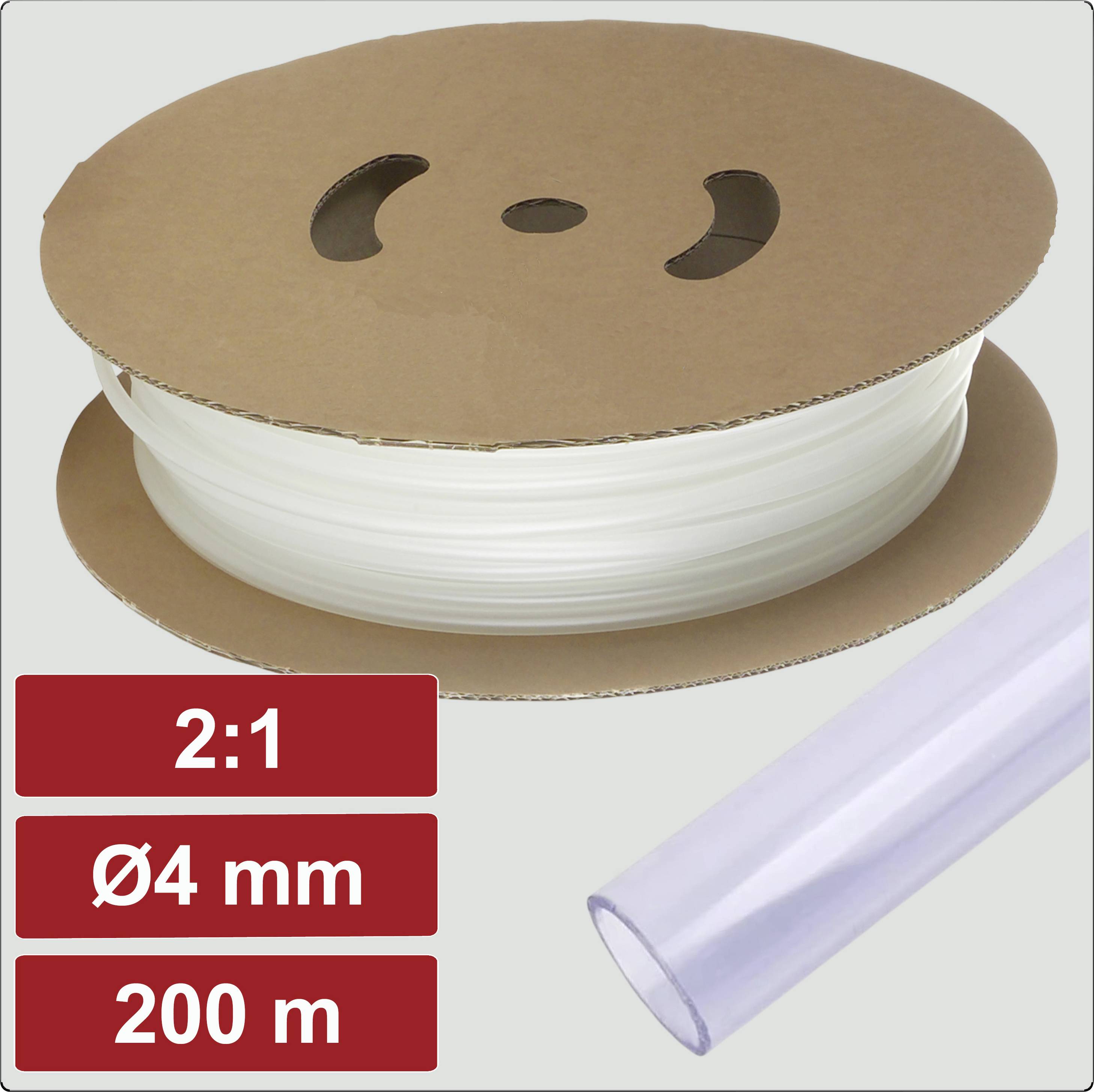 Un rouleau de gaine thermorétractable transparente étiqueté « 2:1 », « Ø4 mm », « 200 m », placé sur un support en carton, avec une section agrandie illustrée.