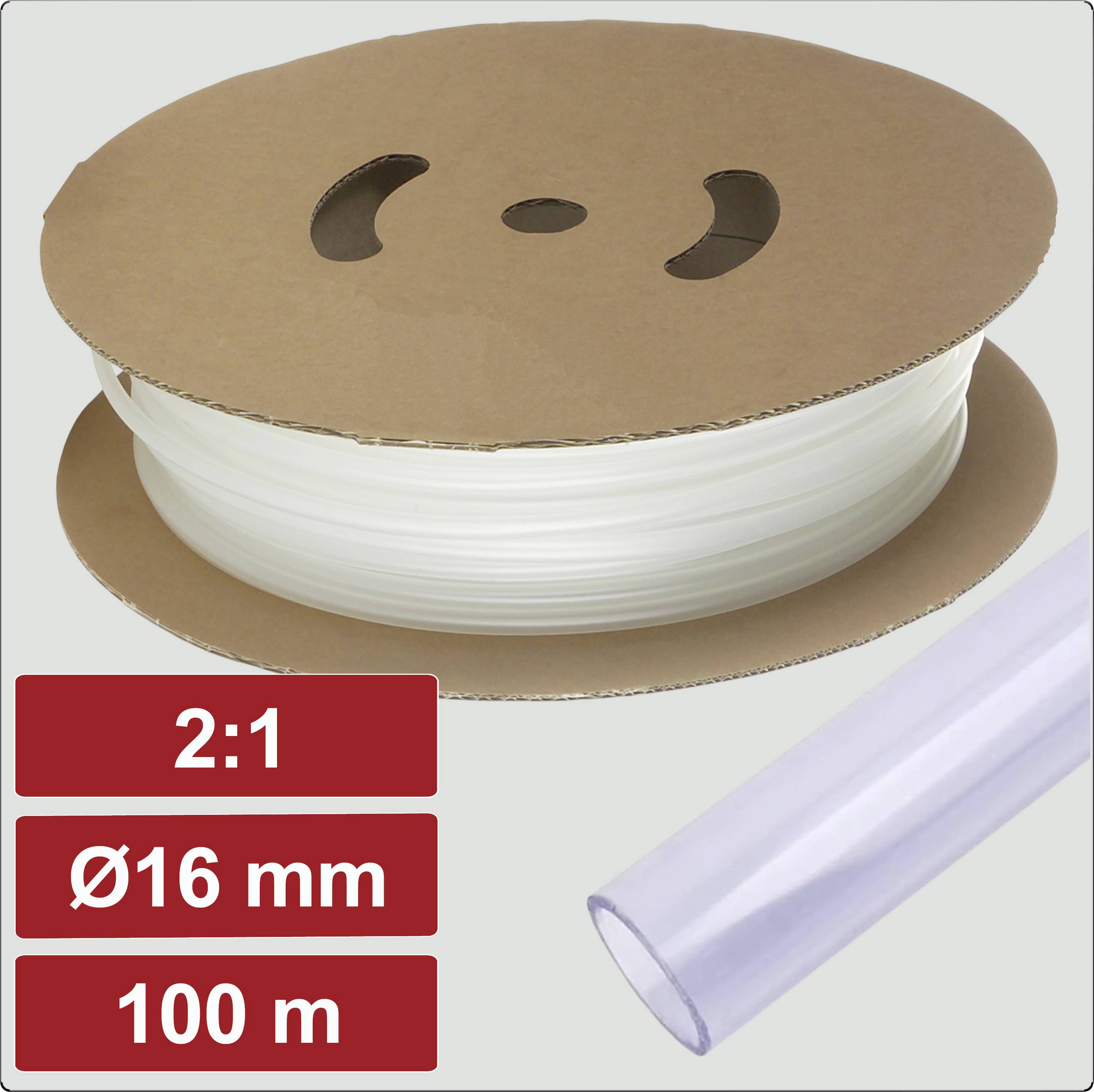 Un rouleau de gaine thermoretractable transparente étiqueté avec les spécifications : « 2:1 », « Ø16 mm », « 100 m », présenté sur un fond gris.