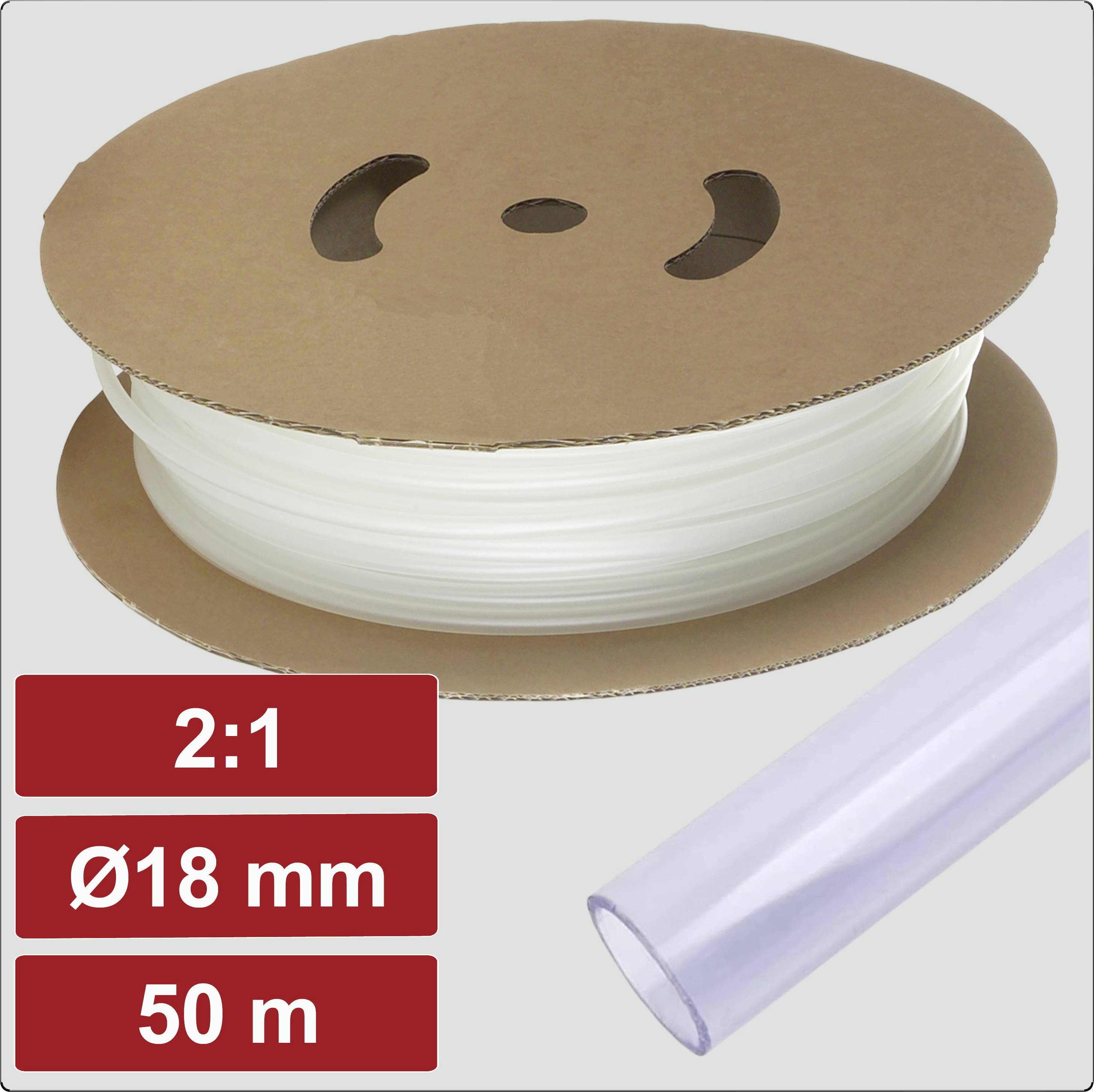 Eine Rolle transparenten Schlauchs mit der Beschriftung '2:1', 'Ø18 mm', '50 m', die einen Schrumpfschlauch mit 18 mm Durchmesser und 50 Meter Länge anzeigt.