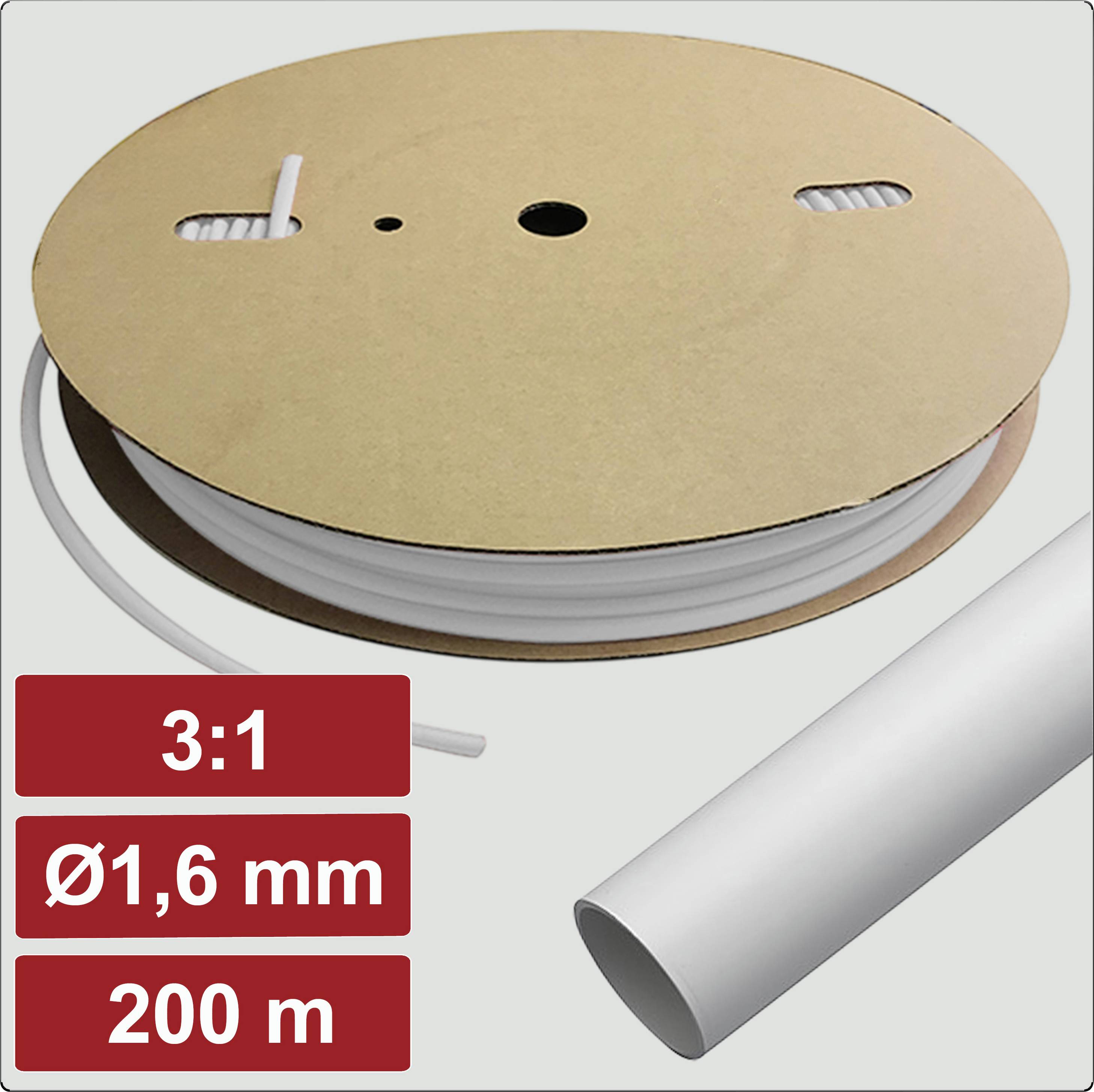 Eine große Rolle mit weißem Kabel, wobei ein Abschnitt abgewickelt ist. Rote Etiketten zeigen '3:1', 'Ø1,6 mm' und '200 m' und geben damit die Spezifikationen an.