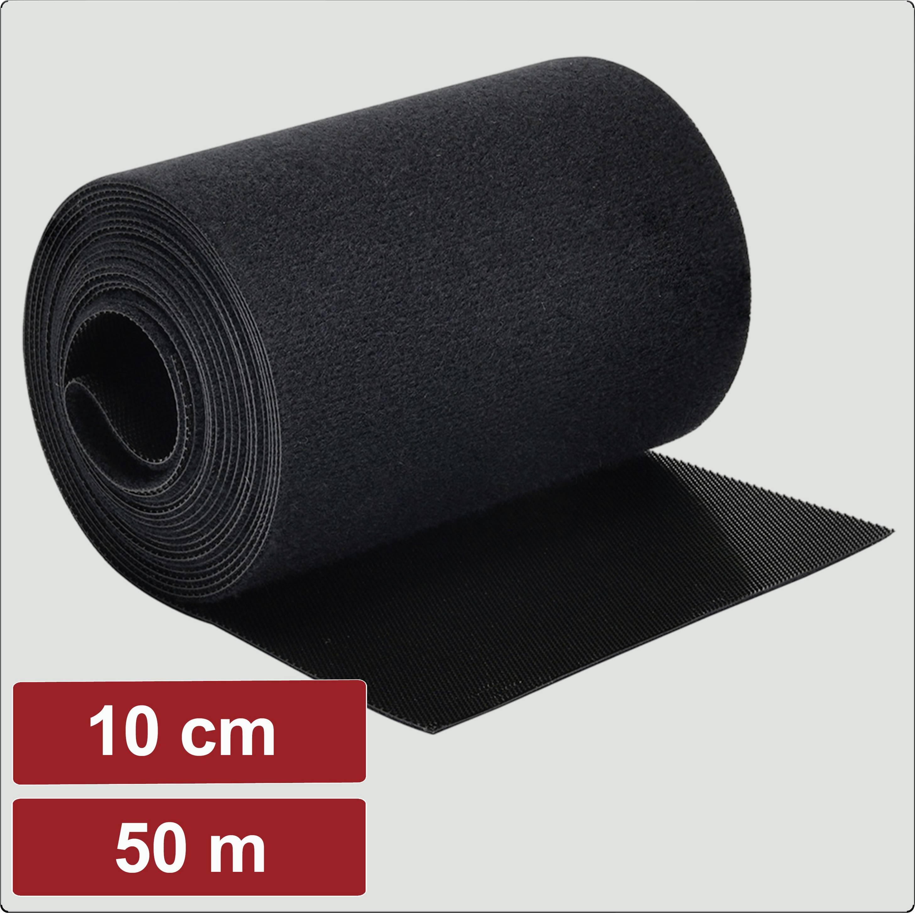 Une bande de tissu noir enroulée sur un fond gris avec des étiquettes de texte '10 cm' et '50 m', indiquant sa largeur et sa longueur.