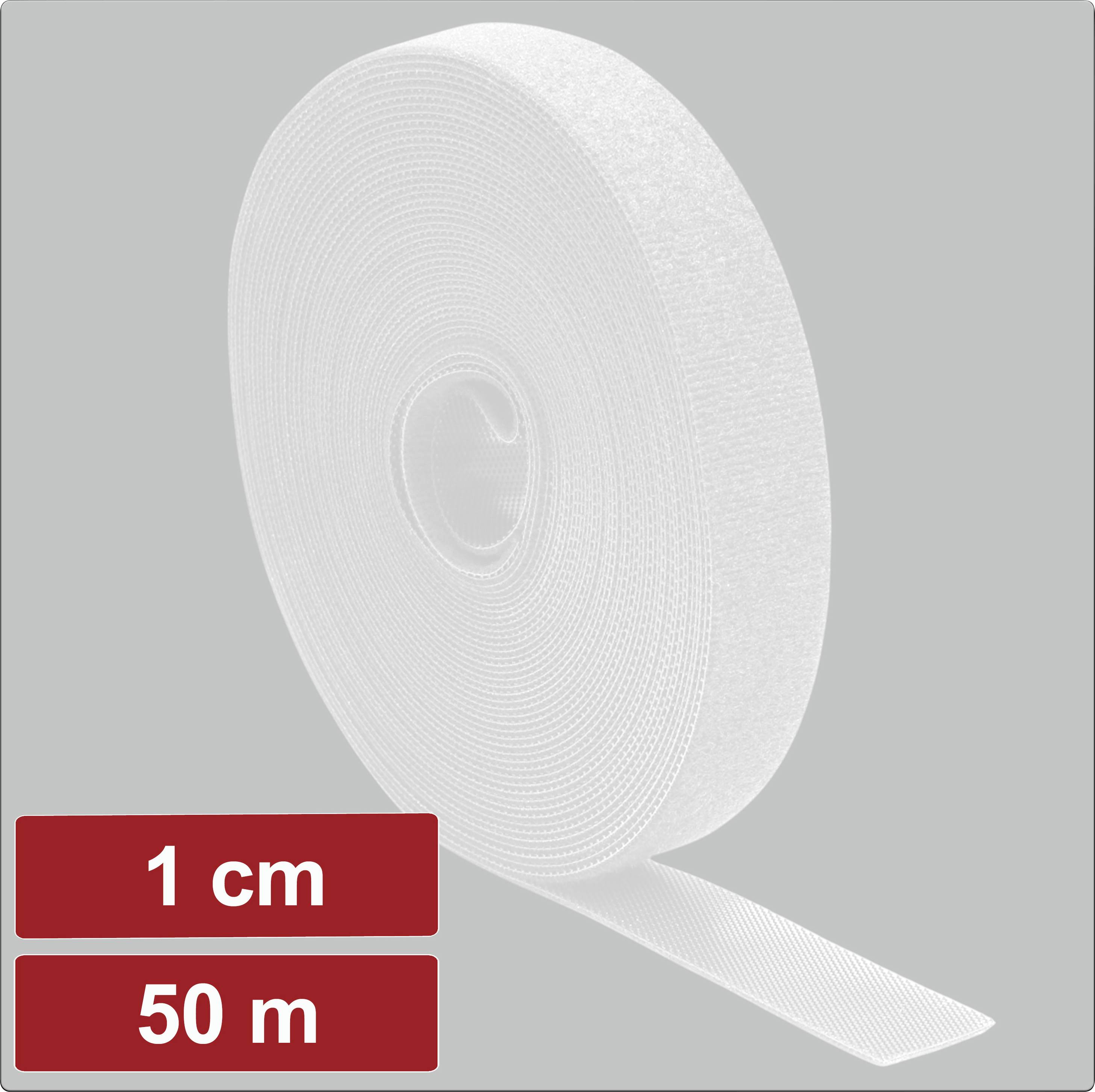 Un grand rouleau de Velcro blanc présenté sur un fond gris, étiqueté '1 cm' et '50 m' dans des encadrés rouges, indiquant ses dimensions.