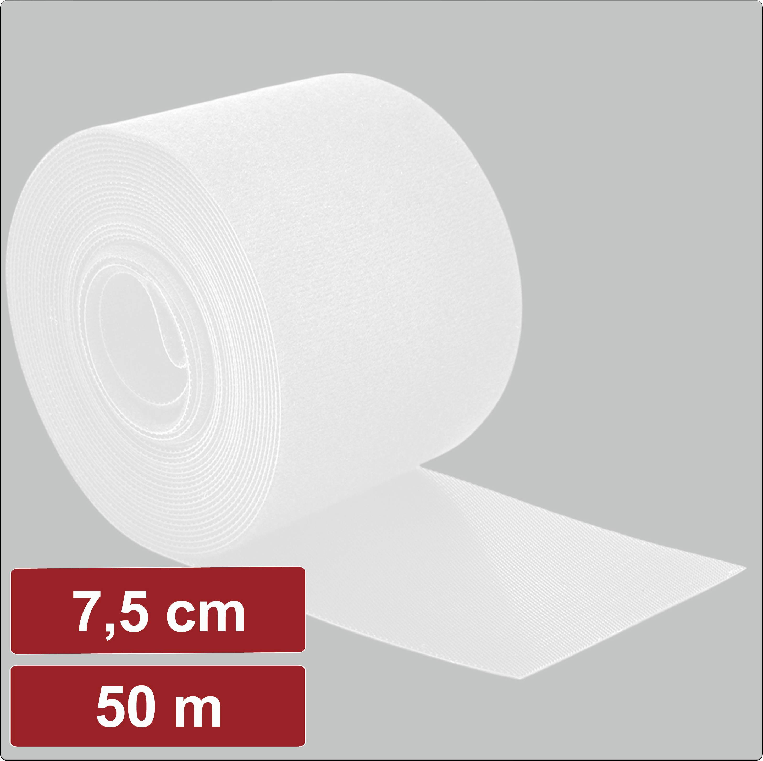 Rouleau de ruban de maille blanc, largeur de 7,5 cm, longueur de 50 m, sur un fond gris.