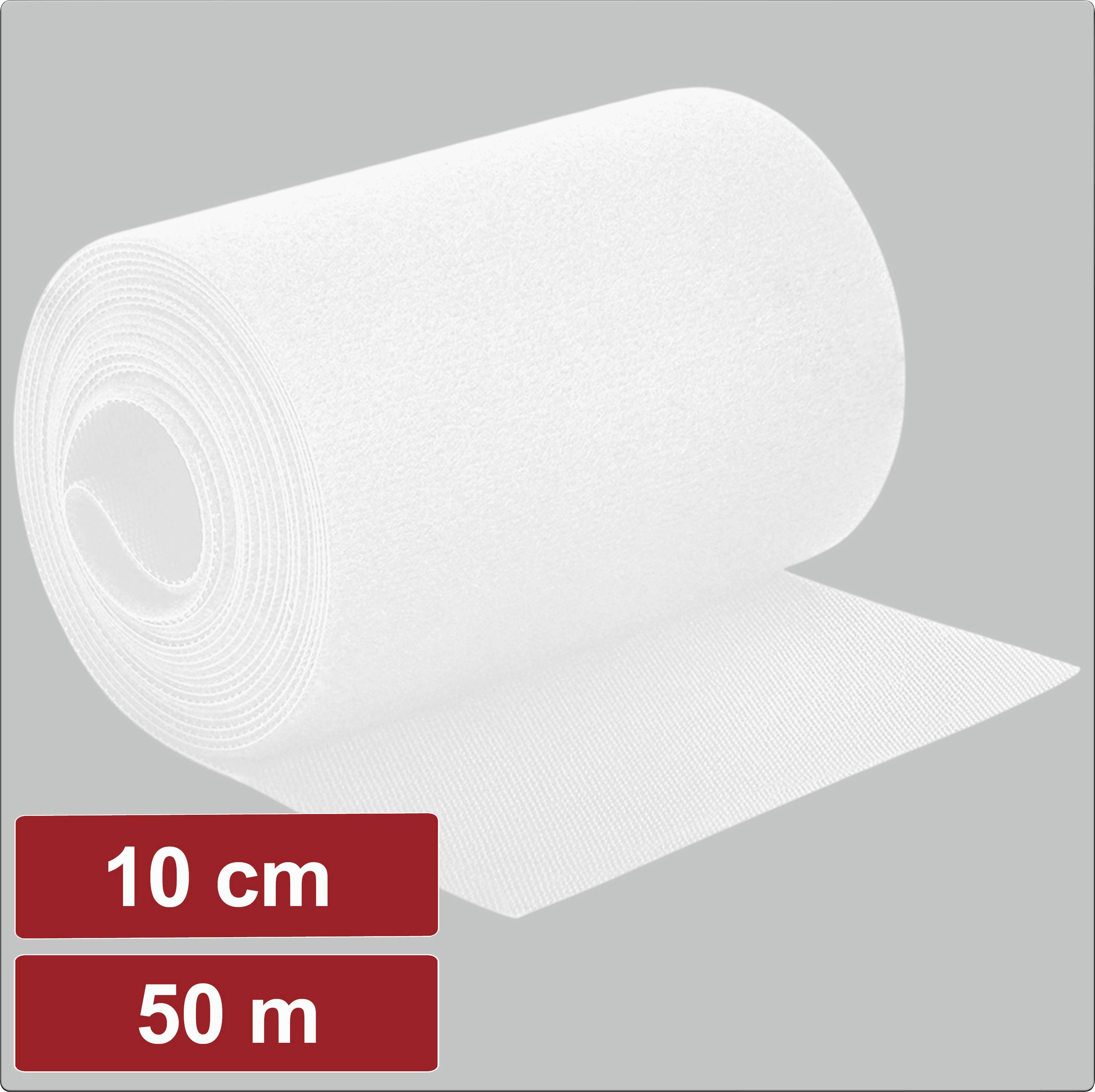 Un rouleau de bandage en tissu blanc sur un fond gris avec des étiquettes indiquant '10 cm' par '50 m' précisant sa largeur et sa longueur.