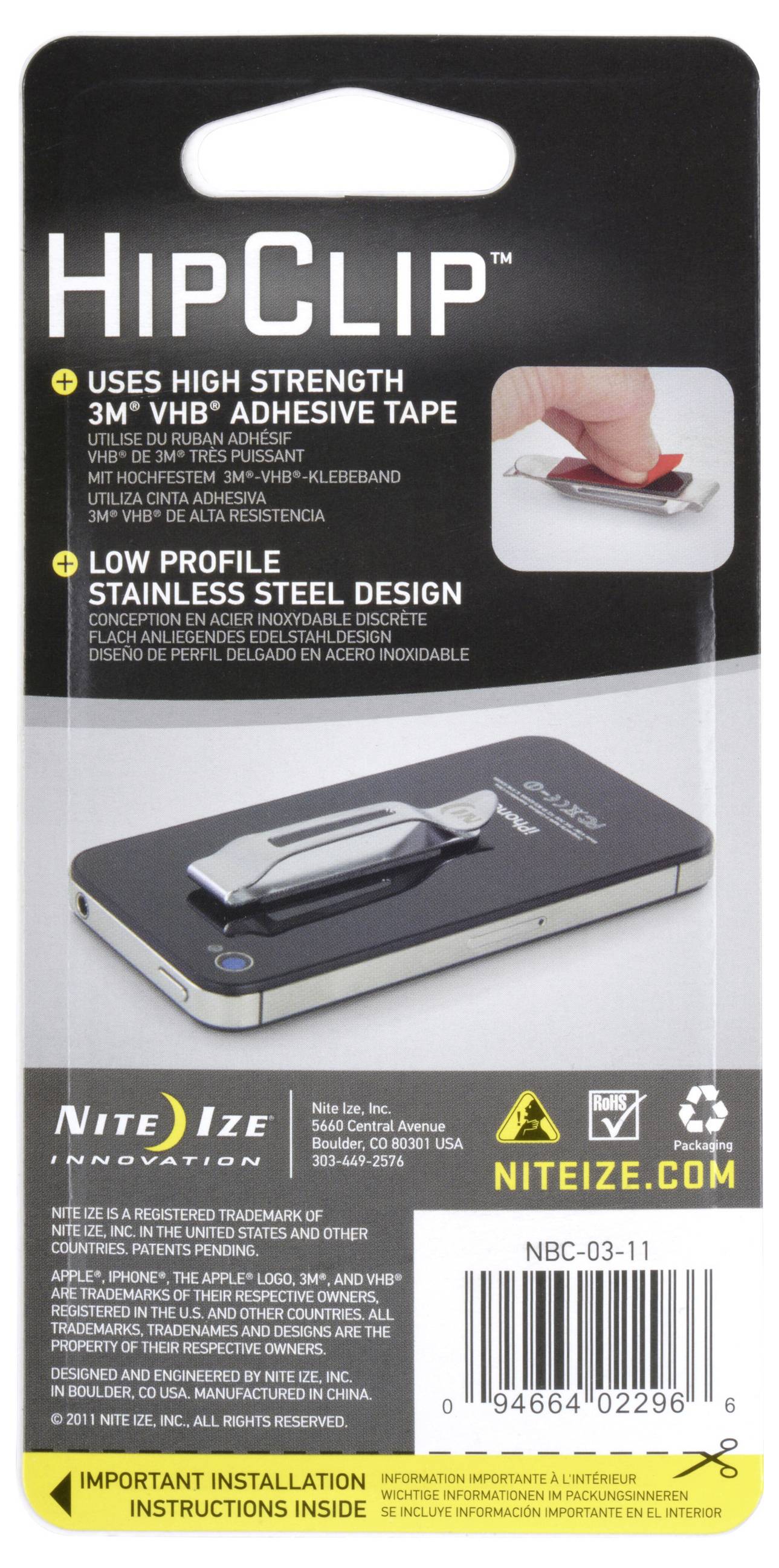 Emballage pour HipClip par Nite Ize. Les caractéristiques comprennent un adhésif 3M haute résistance, un design en acier inoxydable discret. Instructions d'installation à l'intérieur.