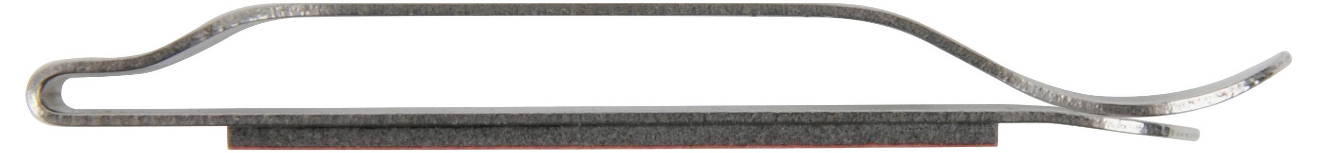 Un clip métallique au design incurvé, doté d'une base plate fixée à un tampon adhésif noir, utilisé pour maintenir des objets ensemble.