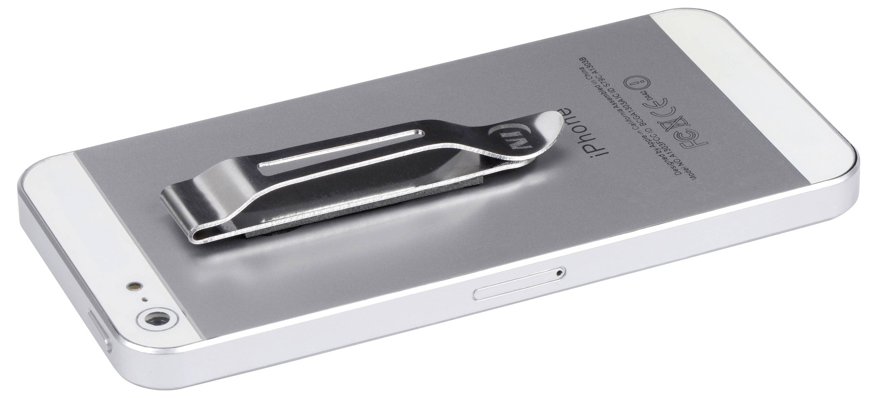 Un smartphone avec une pince de fixation métallique placée sur son dos, avec l'objectif de l'appareil photo et le bouton latéral visibles.