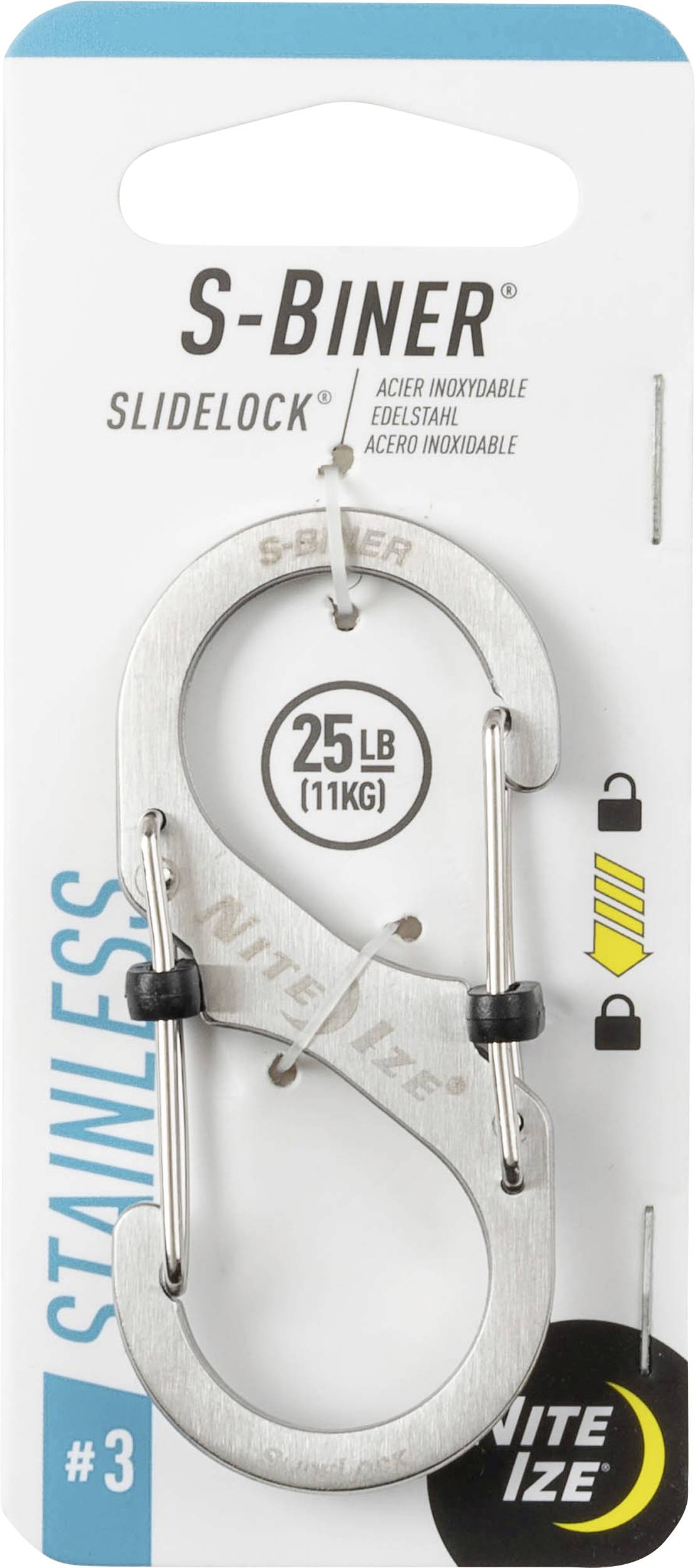 Mousqueton S-Biner SlideLock en acier inoxydable n°3 supporte jusqu'à 11 kg (25 lbs). Deux verrous de sécurité. Conditionné sur une carte présentant la capacité de charge.