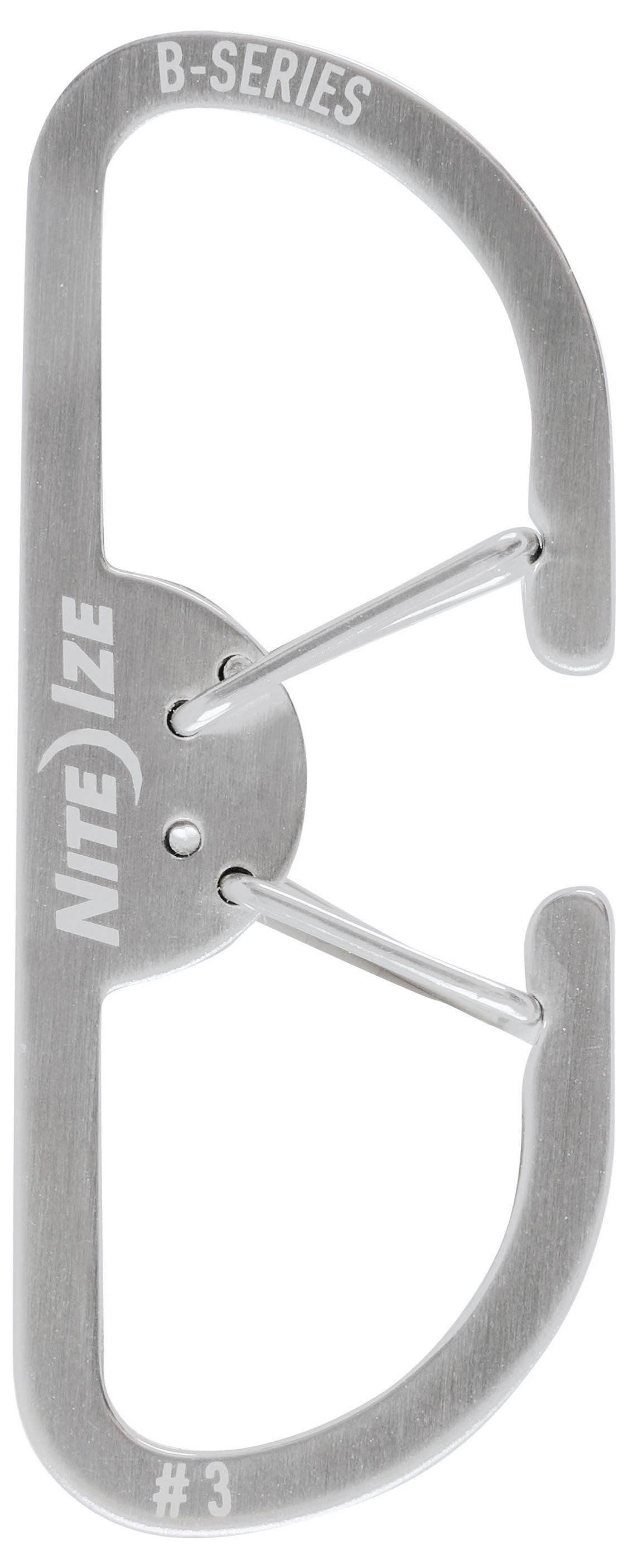 Un mousqueton en argent, à double portillon, étiqueté 'Nite Ize B-Series #3', avec une conception en forme de S comprenant deux crochets et un pont central.