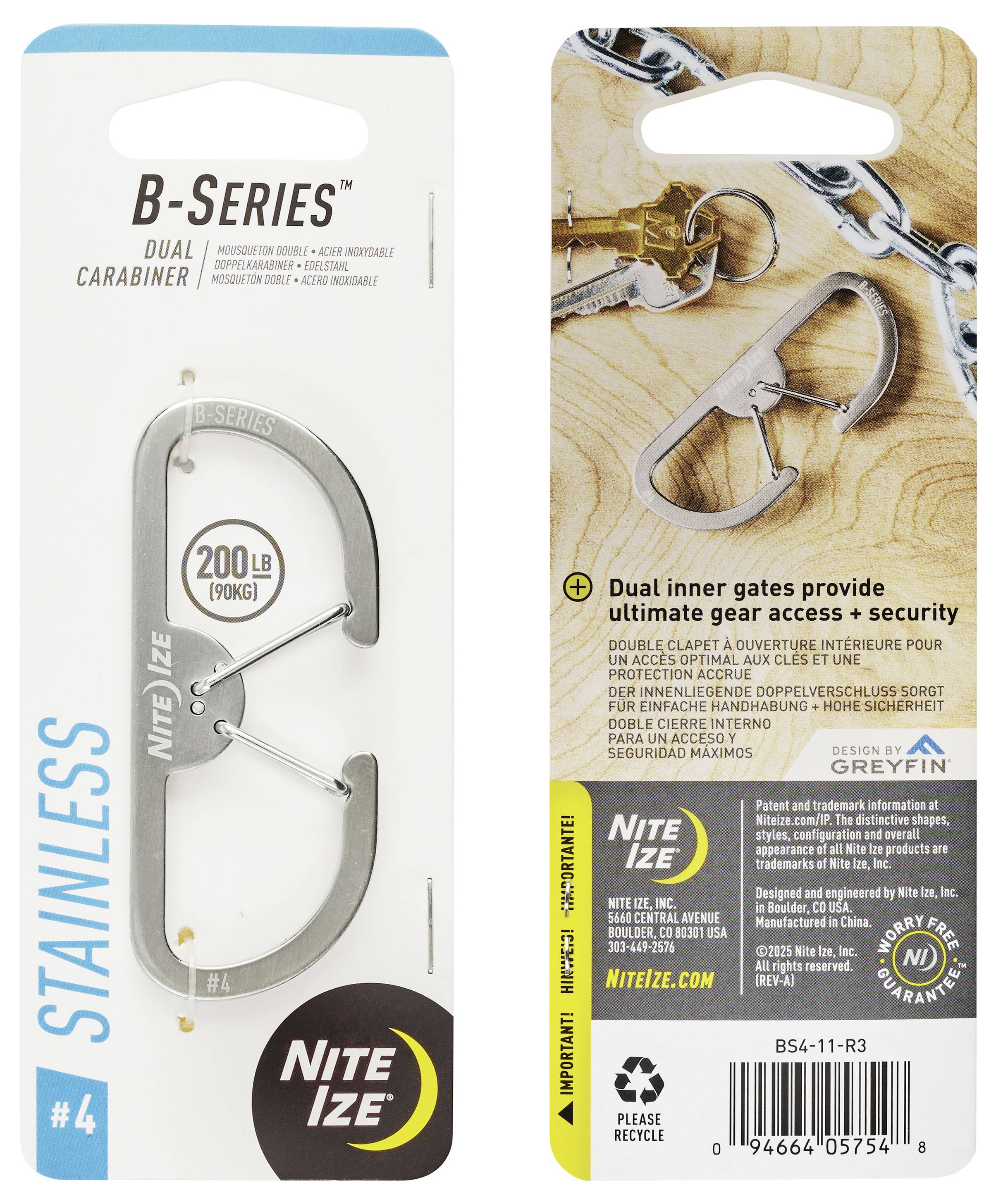 Emballage présentant le 'Nite Ize B-Series Dual Carabiner' avec un mousqueton grand et un petit. Le texte met en avant une capacité de '200 lb' et des 'Doubles portes intérieures offrant un accès et une sécurité optimaux pour l'équipement'.