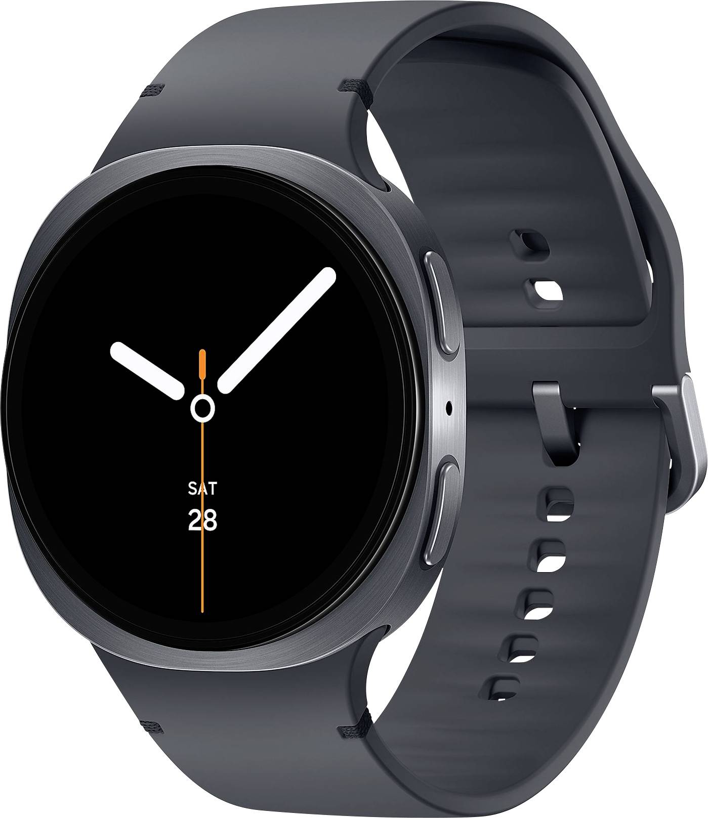 Une montre connectée élégante et moderne avec un bracelet noir et un cadran minimaliste, affichant la date 'SAM 28'.