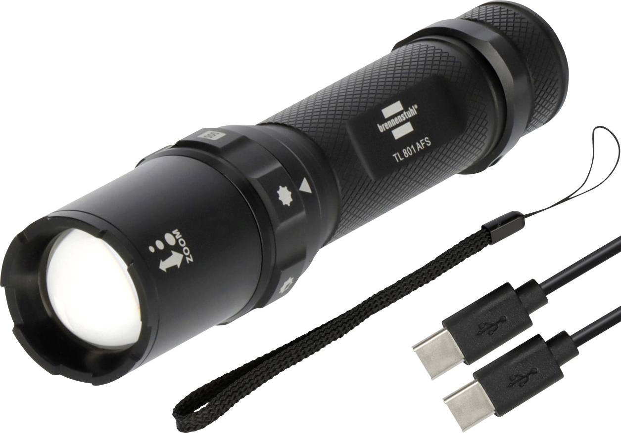 Lampe de poche noire portable avec dragonne et deux câbles de recharge USB-C sur fond blanc.