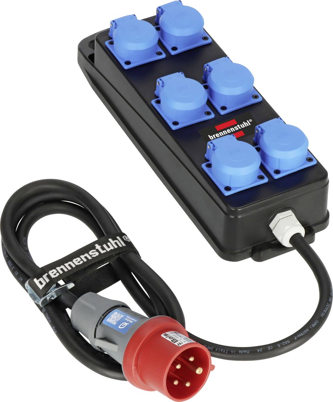 Boîte de distribution d'énergie portable avec six prises de courant bleues et prise industrielle rouge ainsi que câble attaché.