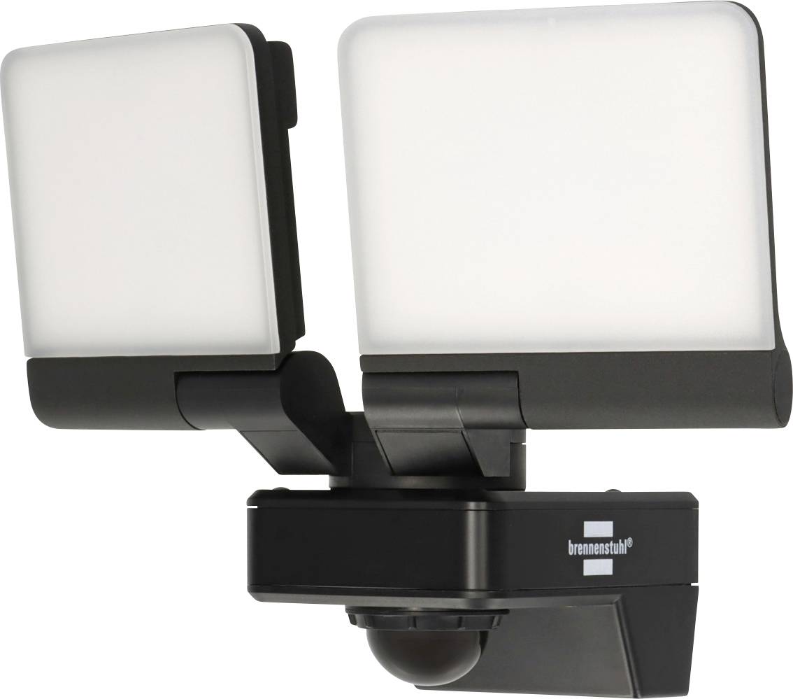 Projecteur de crue avec capteur de mouvement noir comportant deux panneaux LED rectangulaires et une unité de capteur arrondie en dessous, présenté sur un fond blanc.