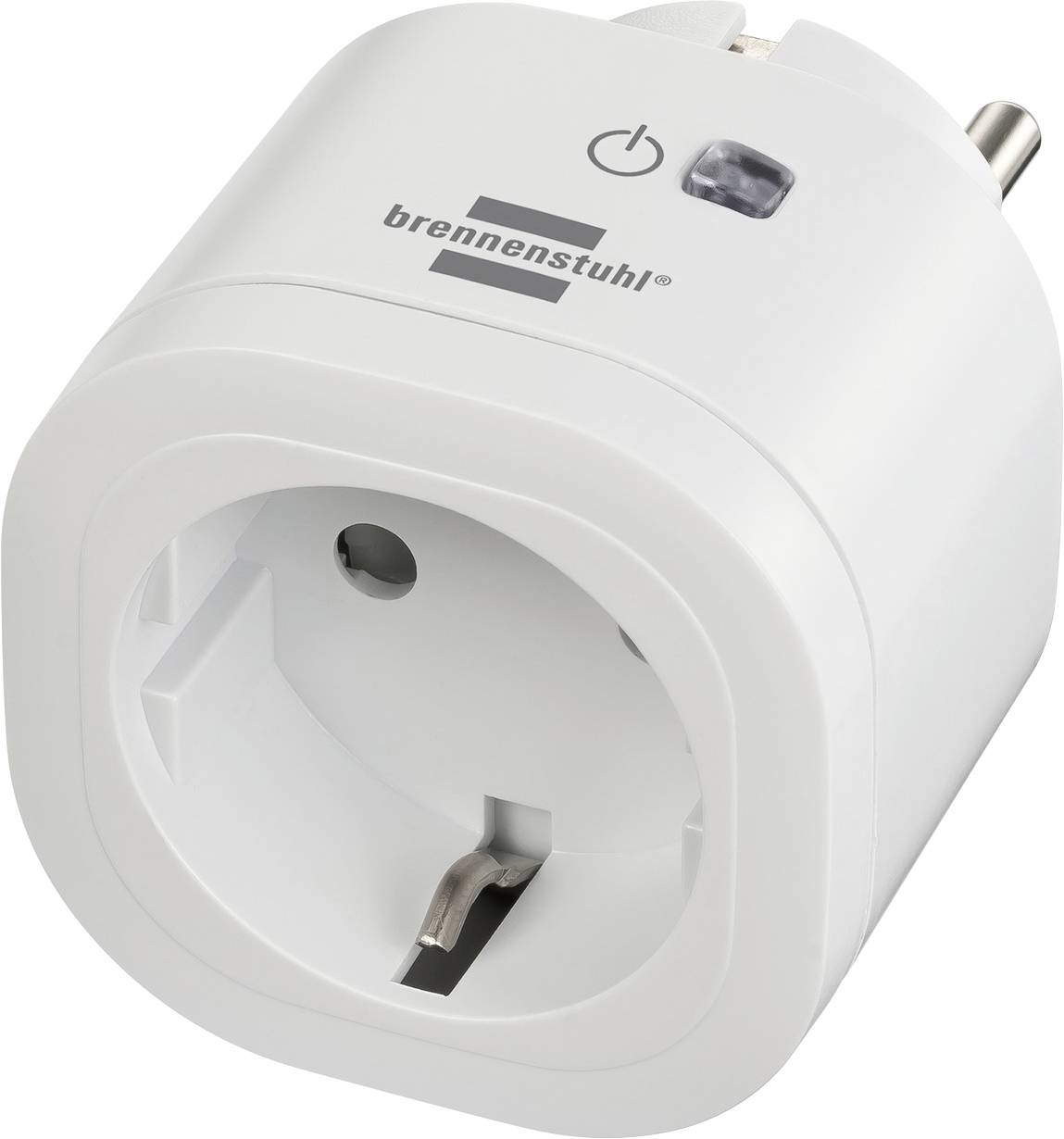 Adaptateur de prise Brennenstuhl blanc avec bouton d'alimentation et voyant lumineux, présenté en gros plan sur un fond neutre.