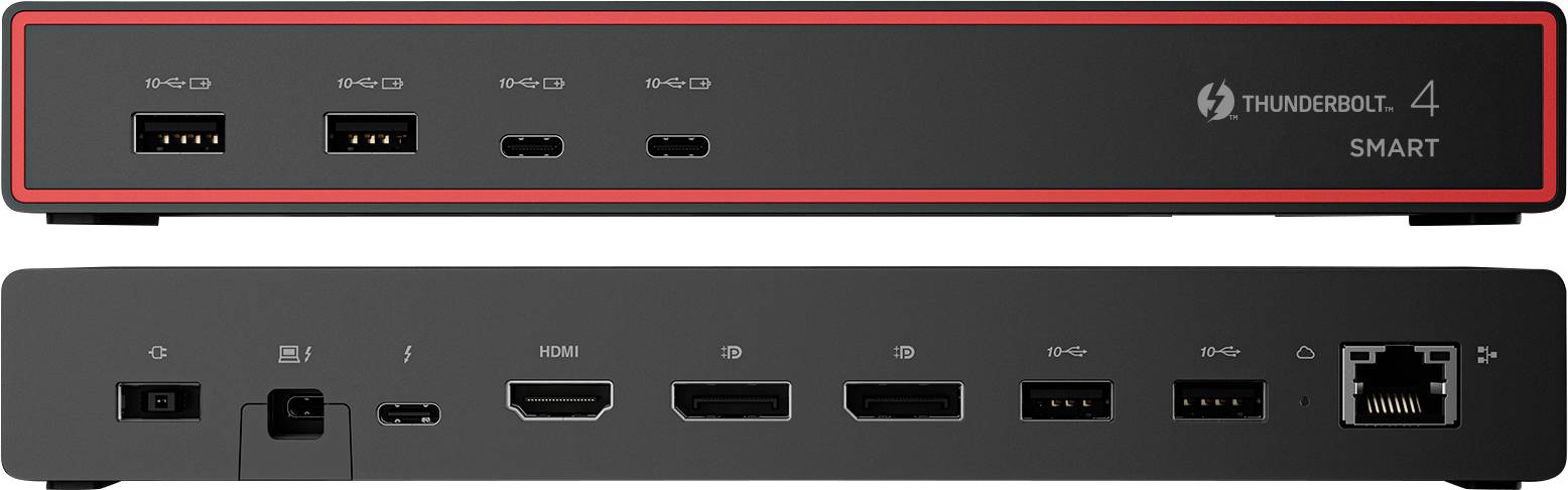 Station d'accueil Thunderbolt 4 avec plusieurs ports, comprenant USB-A, USB-C, HDMI, DisplayPort, Ethernet et entrée d'alimentation.