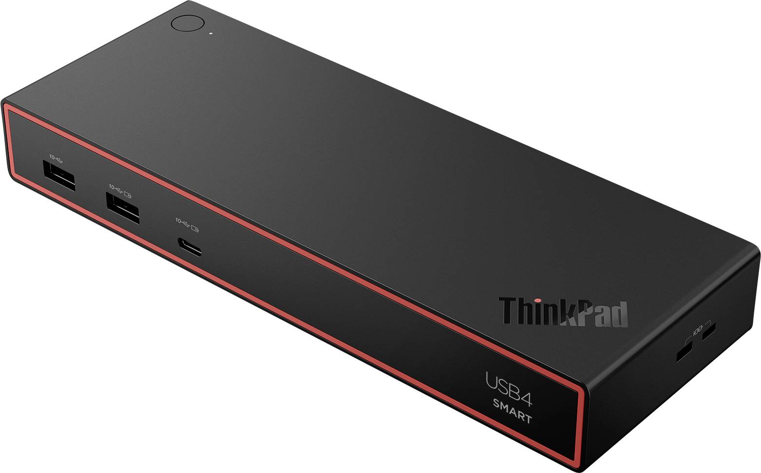 Un dock intelligent ThinkPad USB4 noir avec plusieurs ports à l'avant et sur le côté, conçu pour connecter divers appareils et périphériques.