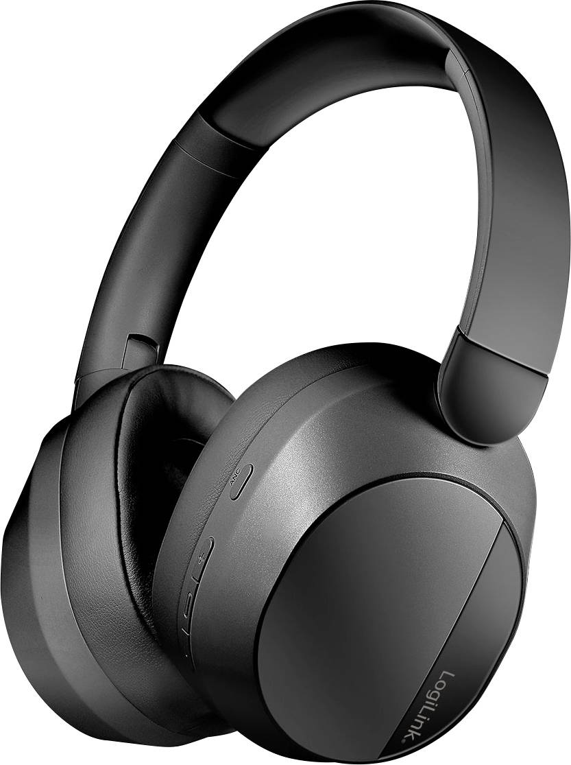 Casque sans fil noir supra-auriculaire au design élégant, doté de coussinets d'oreille rembourrés et d'un arceau, adapté à la réduction de bruit.