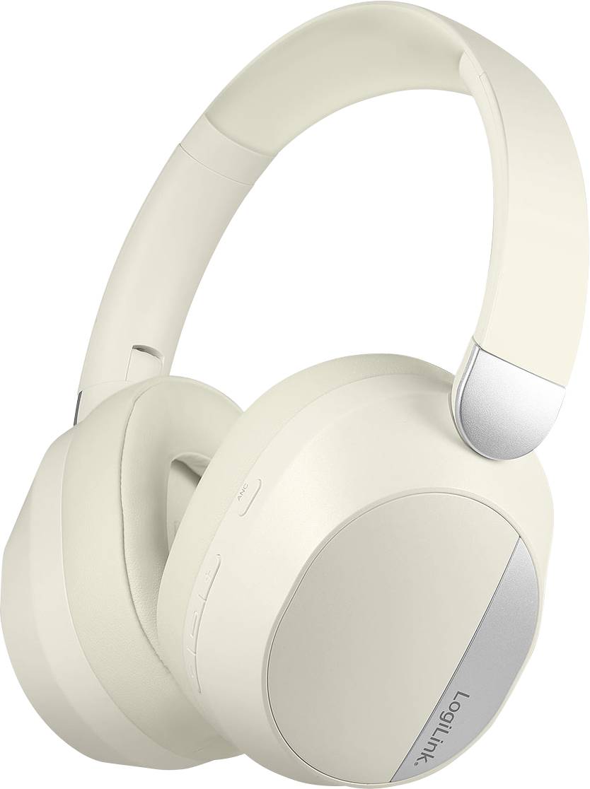 Casque audio supra-auriculaire de couleur crème, au design épuré et minimaliste, avec un petit logo 'LogiLink' sur le pavillon.