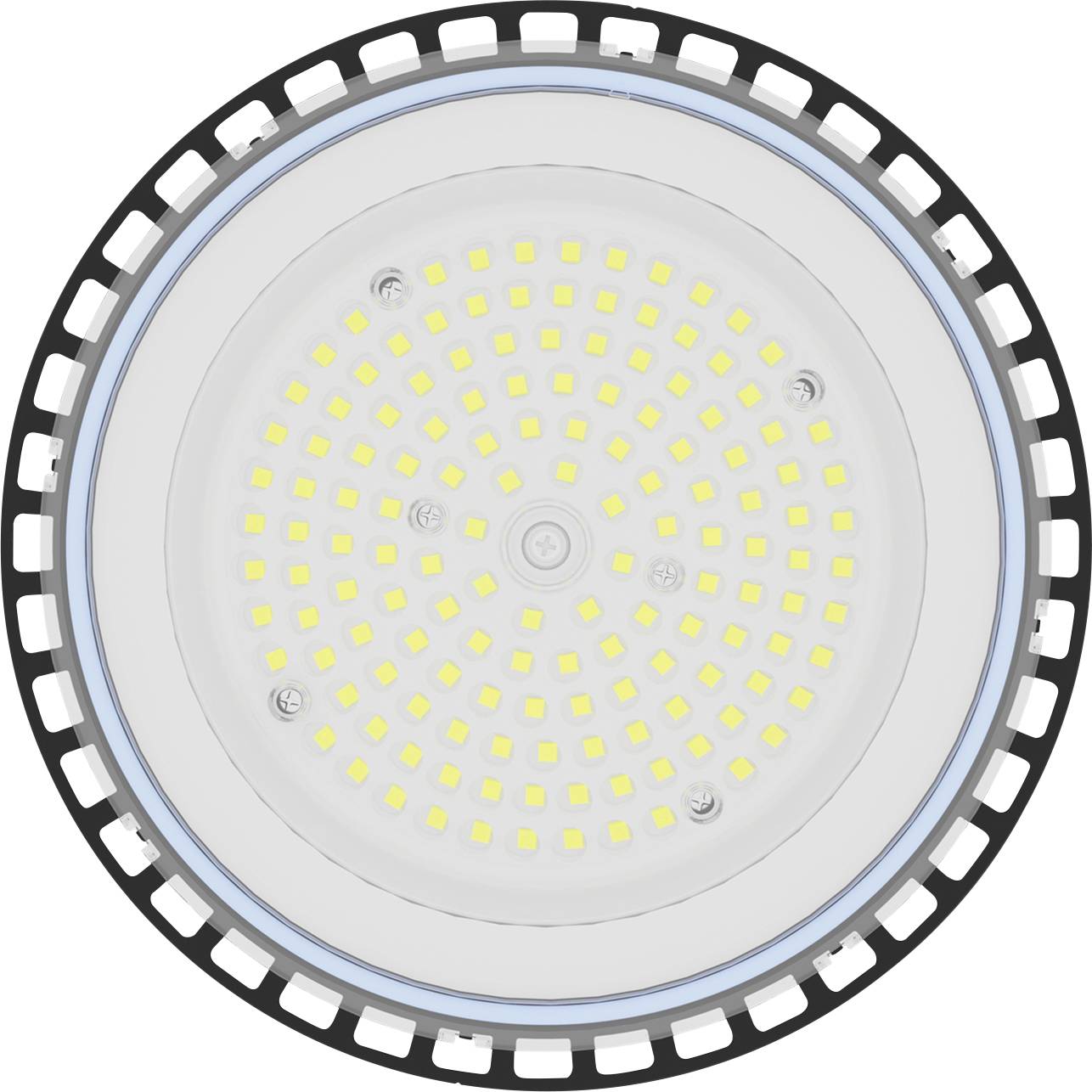 A circular LED light with multiple small yellow diodes arranged in a concentric pattern, encased in a black and white frame.