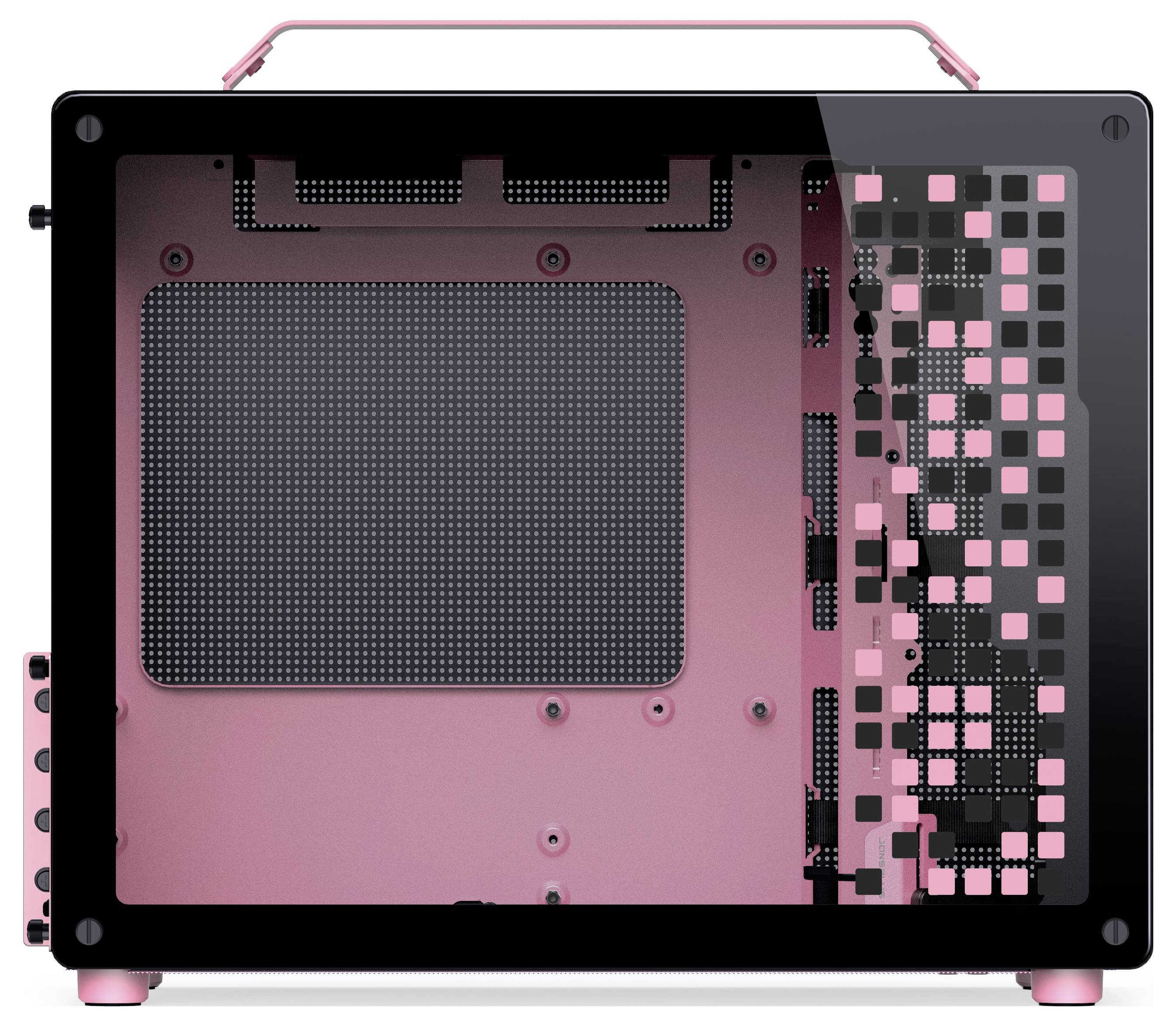 Un boîtier d'ordinateur rose et noir avec un panneau latéral transparent et un design de ventilation géométrique, affichant un espace intérieur vide pour les composants.