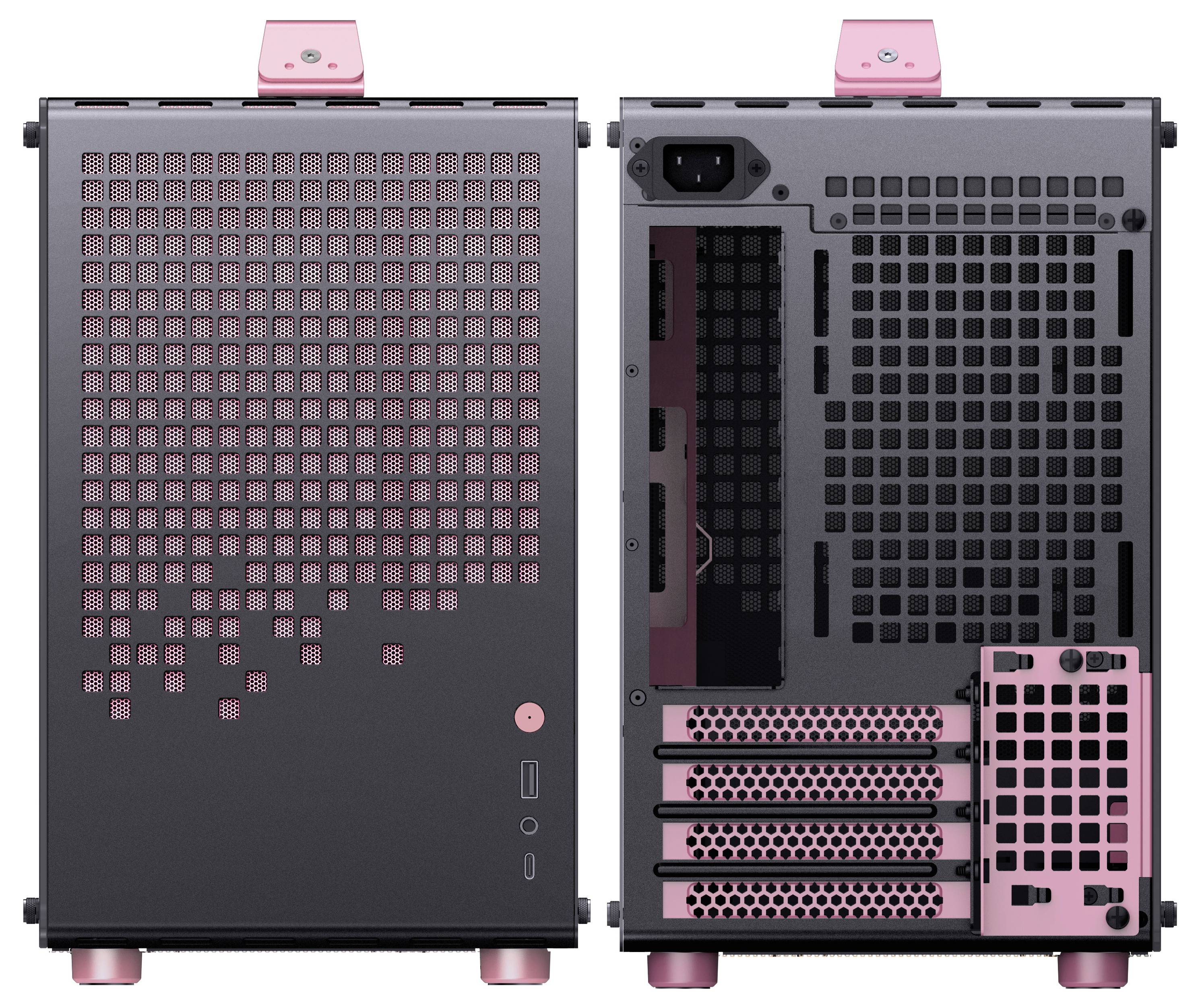 Un boîtier d'ordinateur noir et rose avec des grilles de ventilation, des ports USB à l'avant, et plusieurs emplacements à l'arrière pour les composants et les câbles.