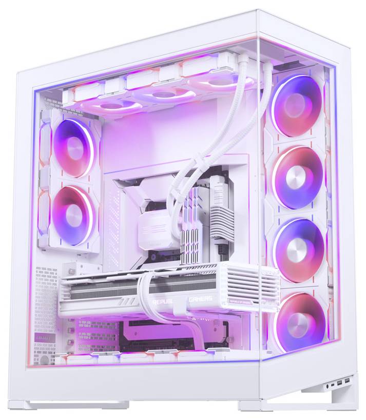Un boîtier d'ordinateur blanc avec un panneau latéral transparent montrant deux grands ventilateurs avec un éclairage rose et violet, et des composants éclairés par RGB à l'intérieur.