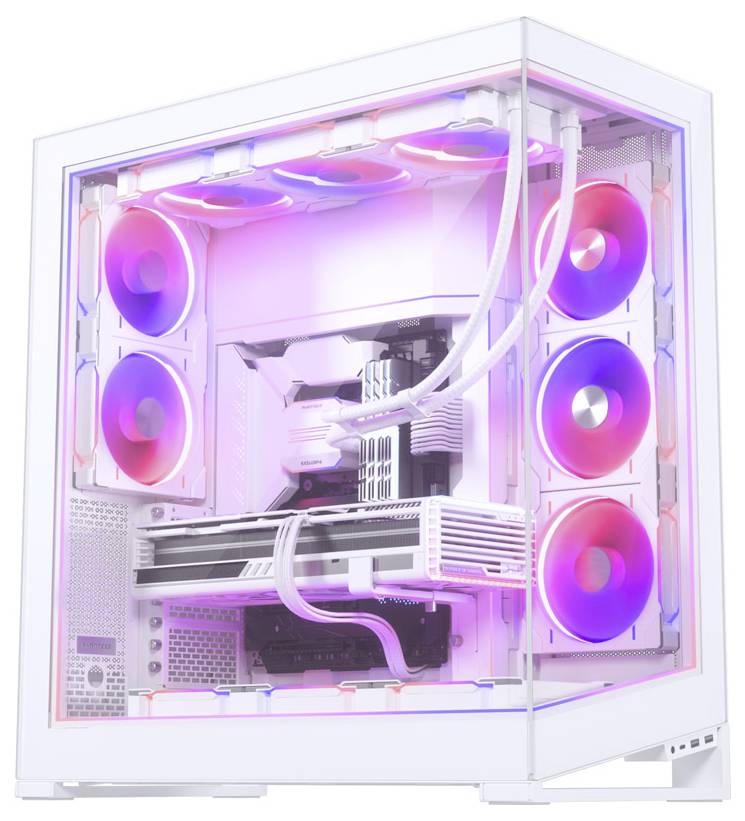 Un boîtier d'ordinateur blanc avec un éclairage LED rose et bleu, mettant en valeur une carte graphique montée avec trois ventilateurs et un système de refroidissement liquide.